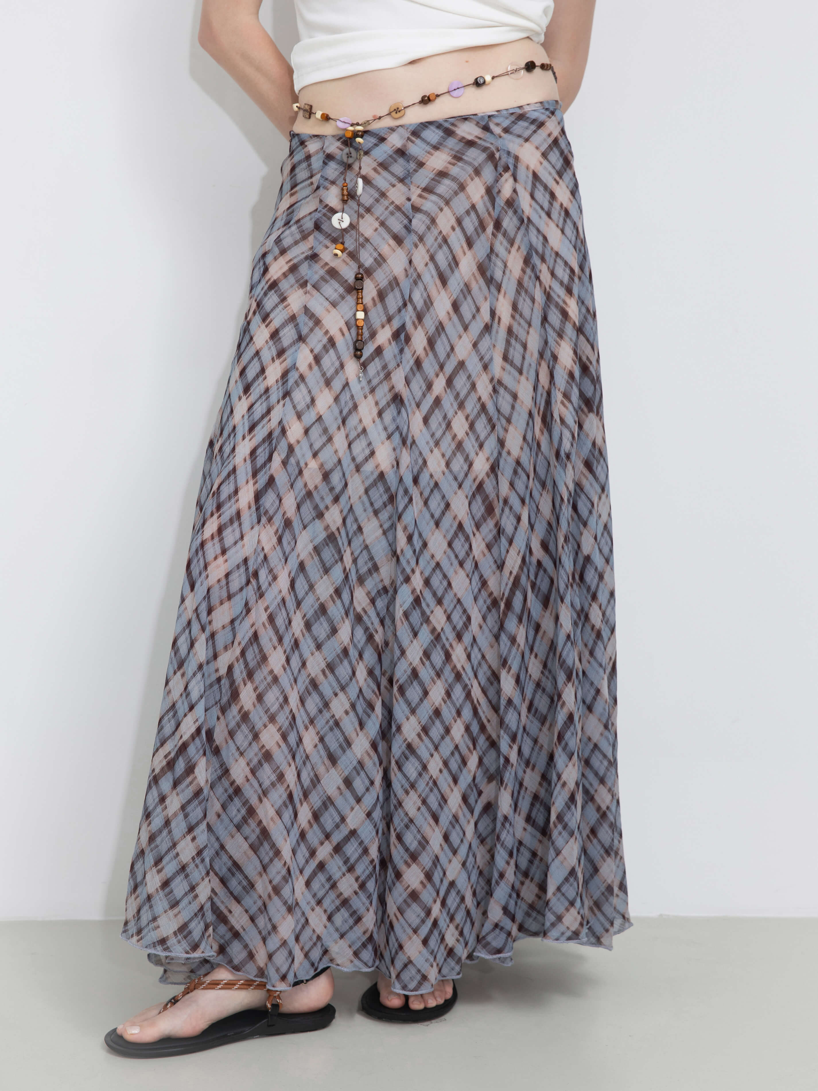 Asymmetrical Flowy Check Maxi Skirt-Blue-6