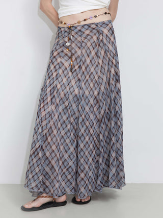 Asymmetrical Flowy Check Maxi Skirt-Blue