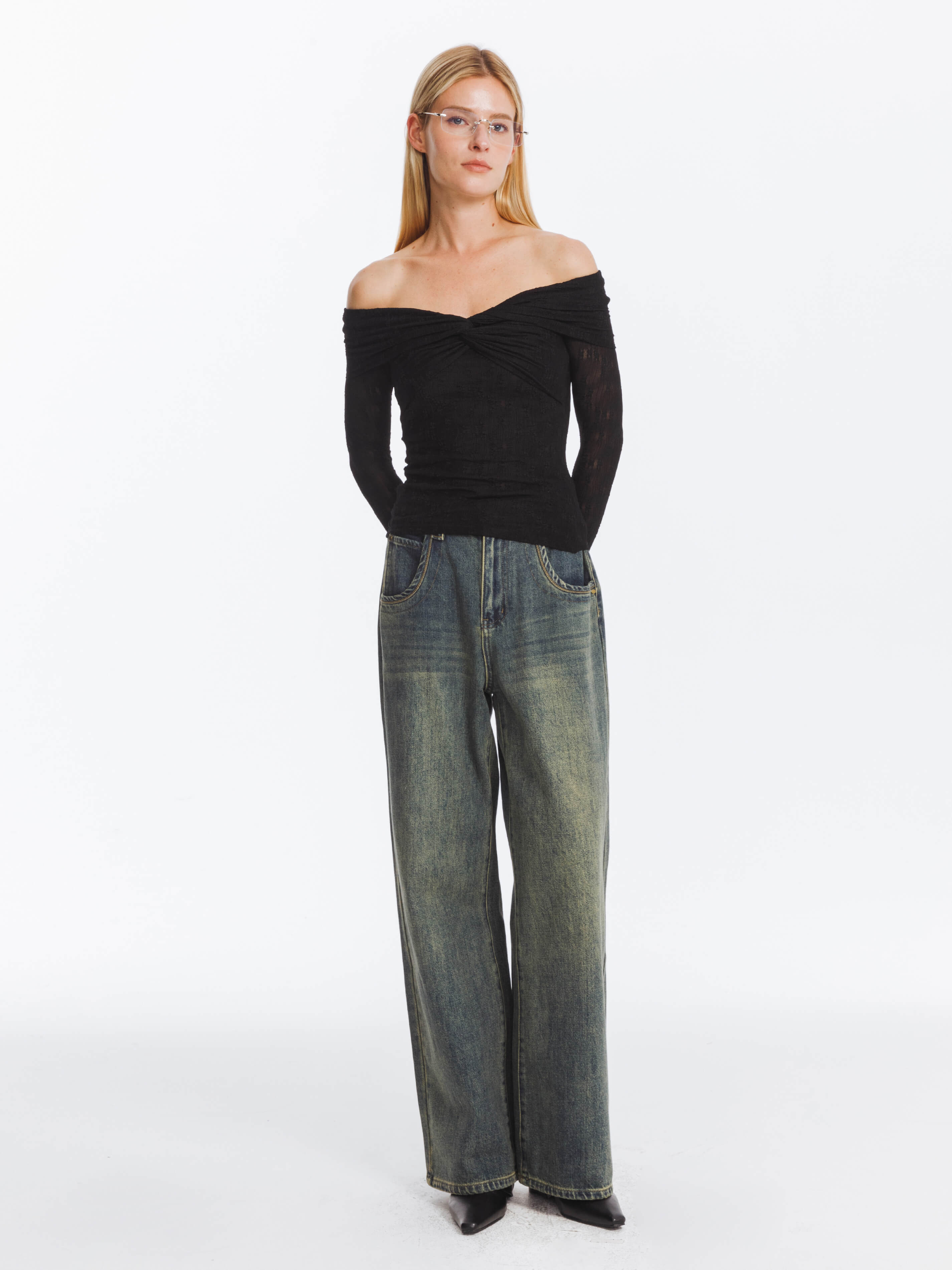 Pleated Off Shoulder Long Sleeves Top-2