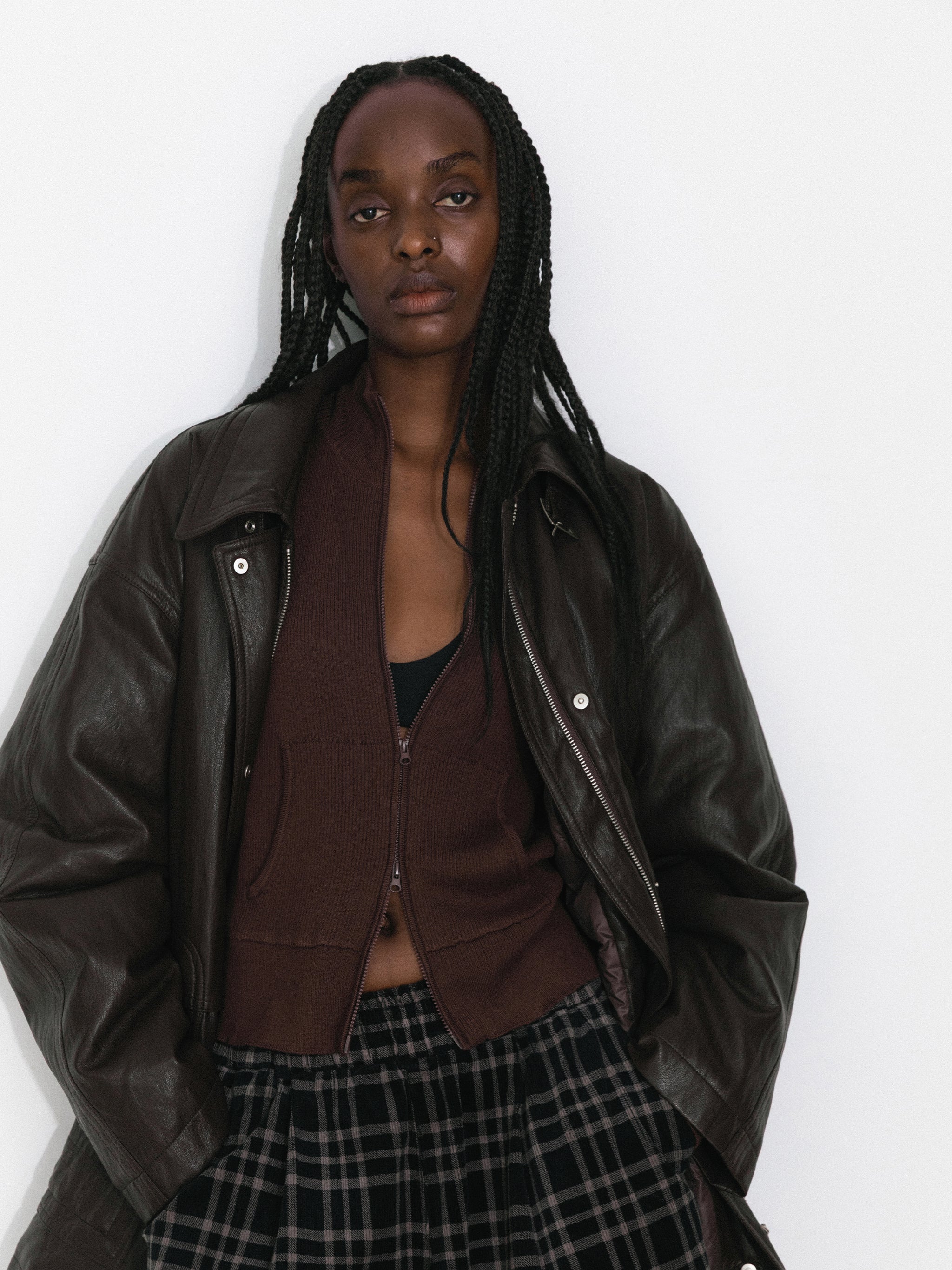 Two-Way Collar Boxy Leather Down Jacket-2