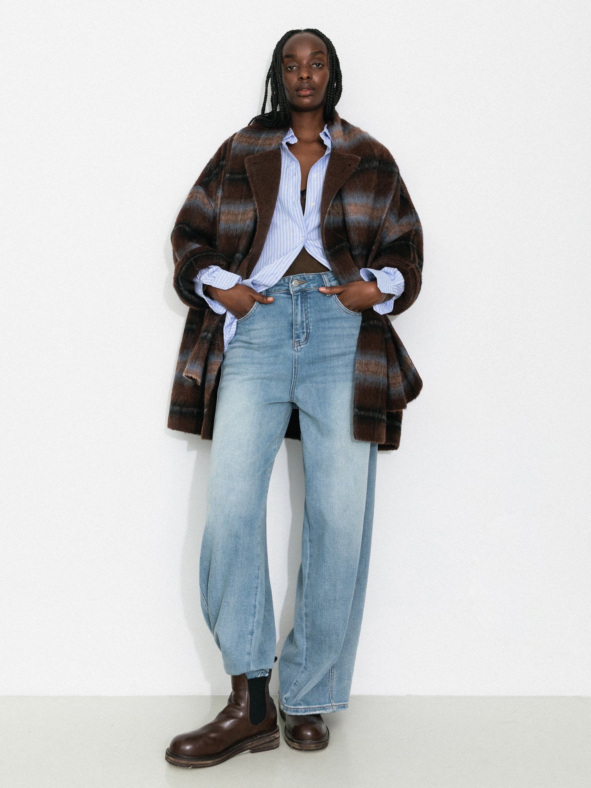 Plaid A-Line Coat with Scarf Collar-2