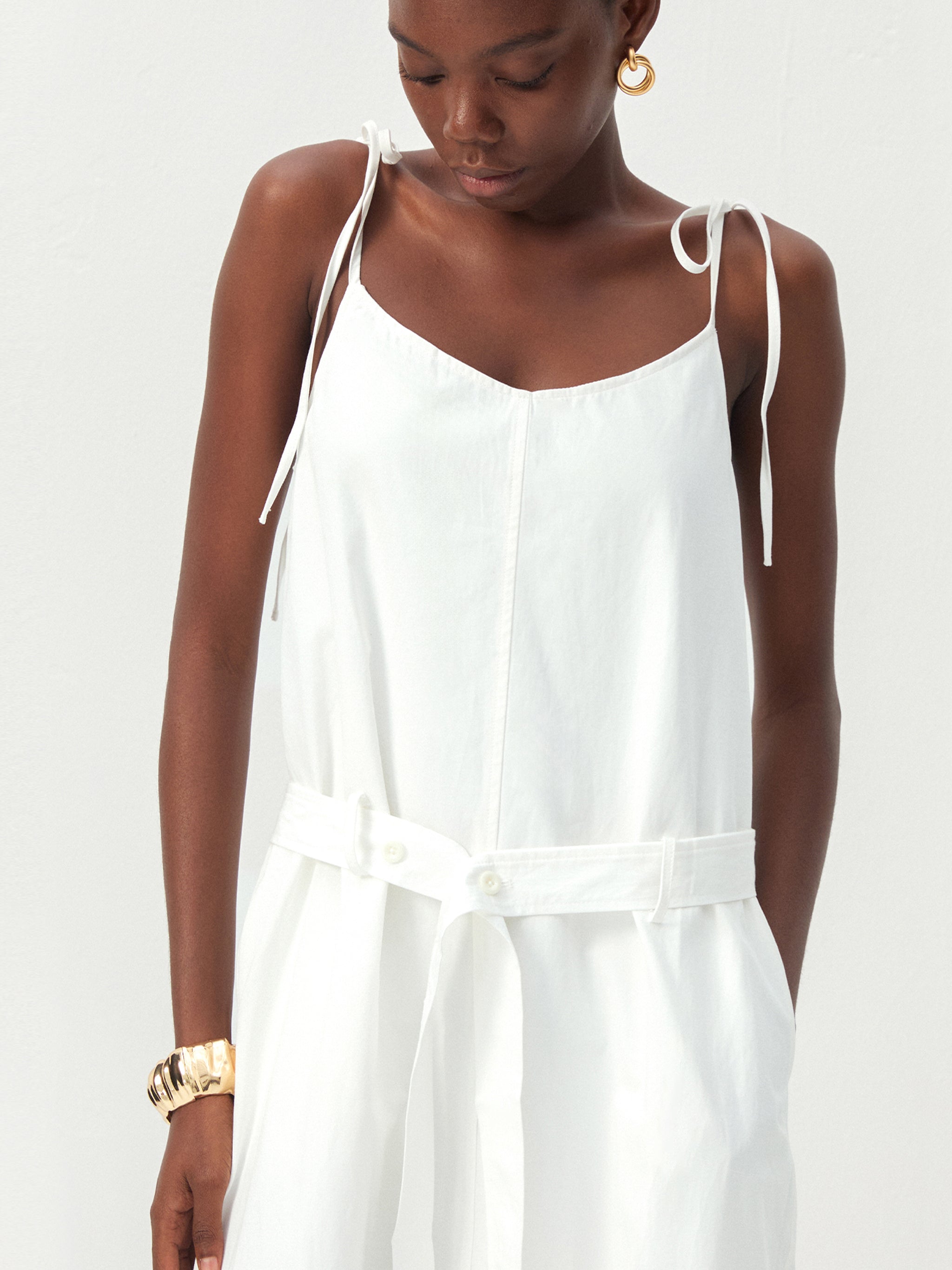 CUBIC Cotton-Linen Blend Tie-Shoulder Belted Midi Dress-2