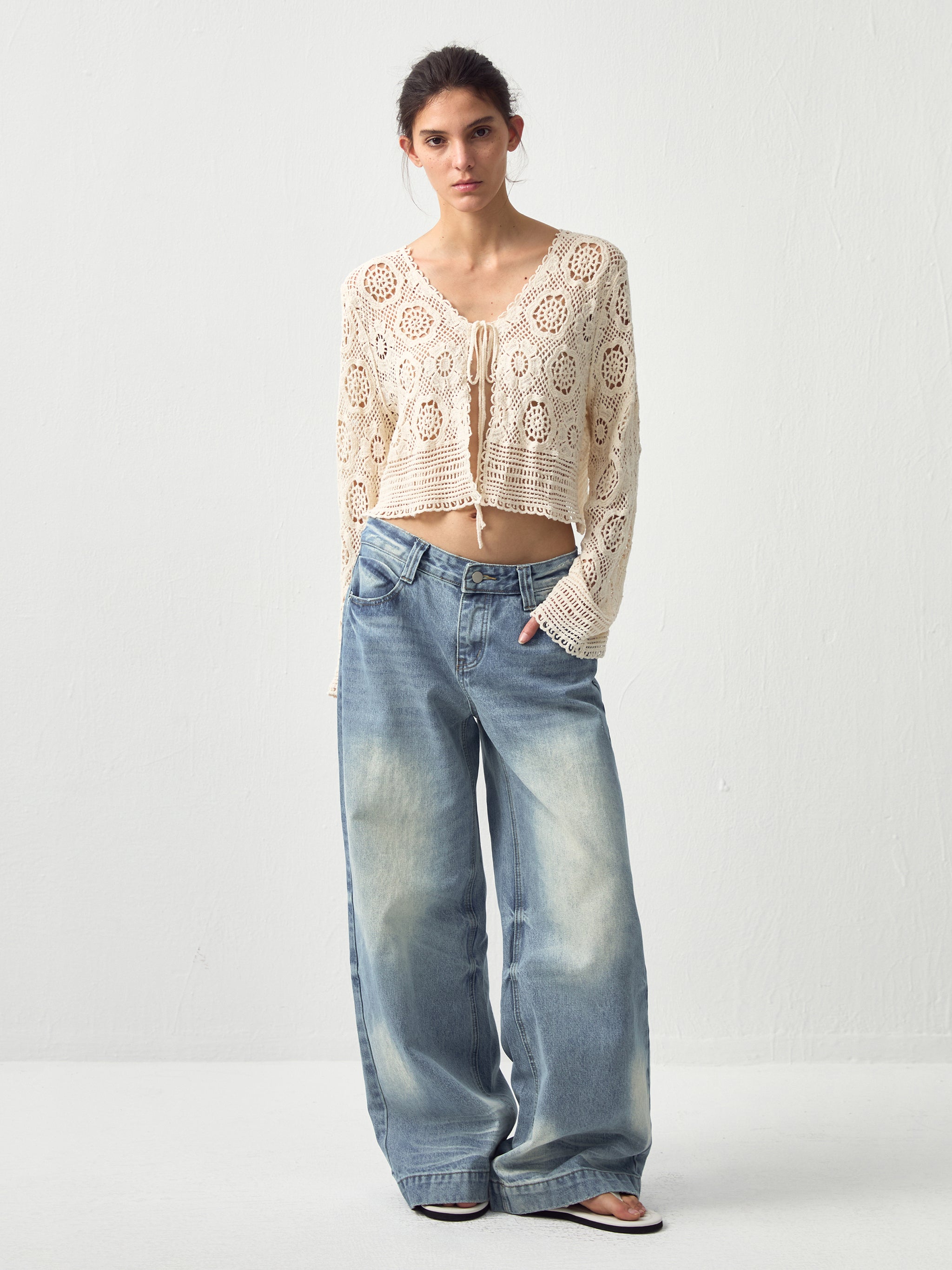 CUBIC Cotton Crochet Lace Trim Cropped Cardigan