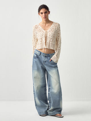 CUBIC Cotton Crochet Lace Trim Cropped Cardigan