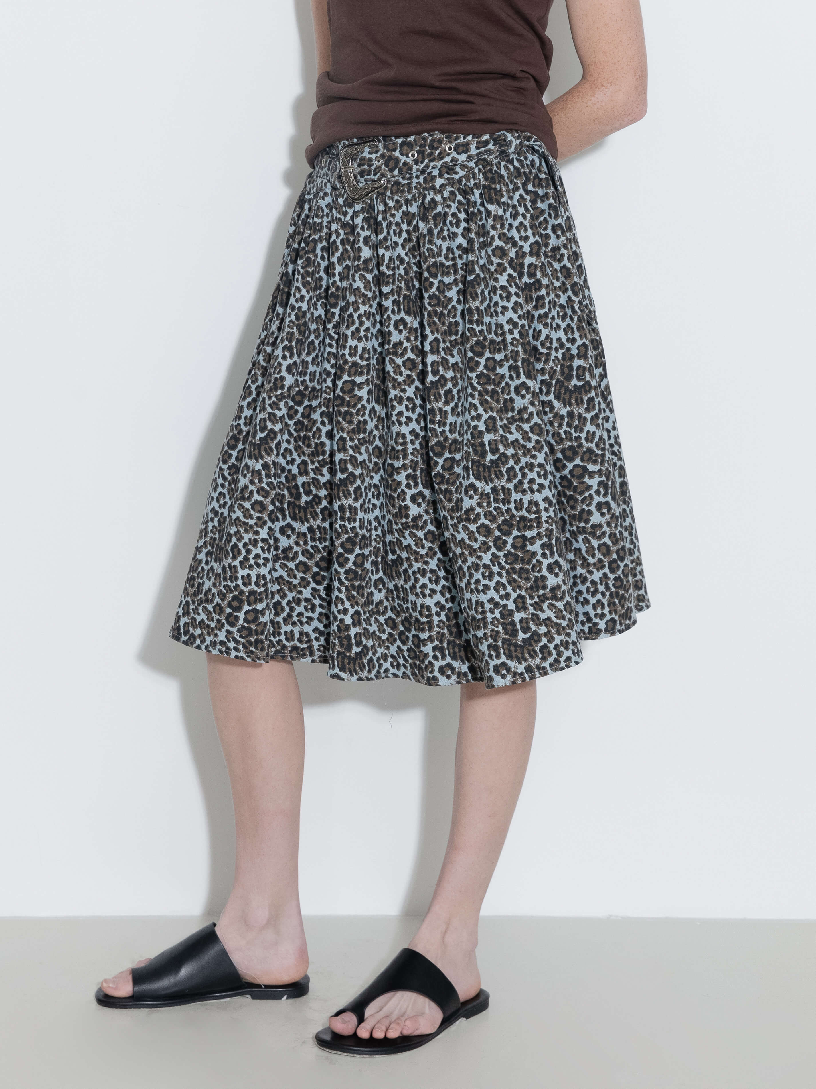 Leopard Print Pleated A-Line Skirt with Belt-2