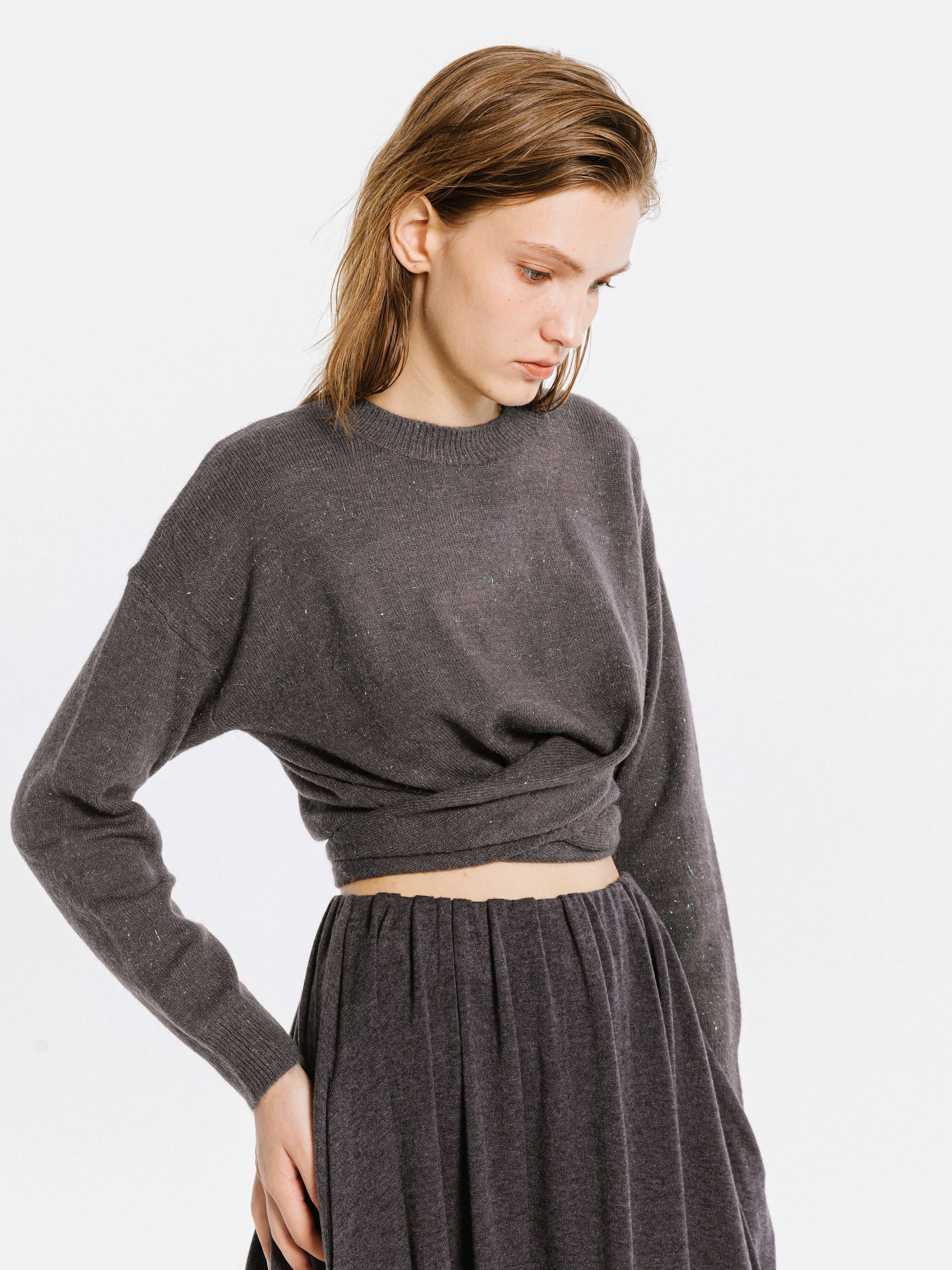 Crew Neck Front Tie Knit Sweater-4