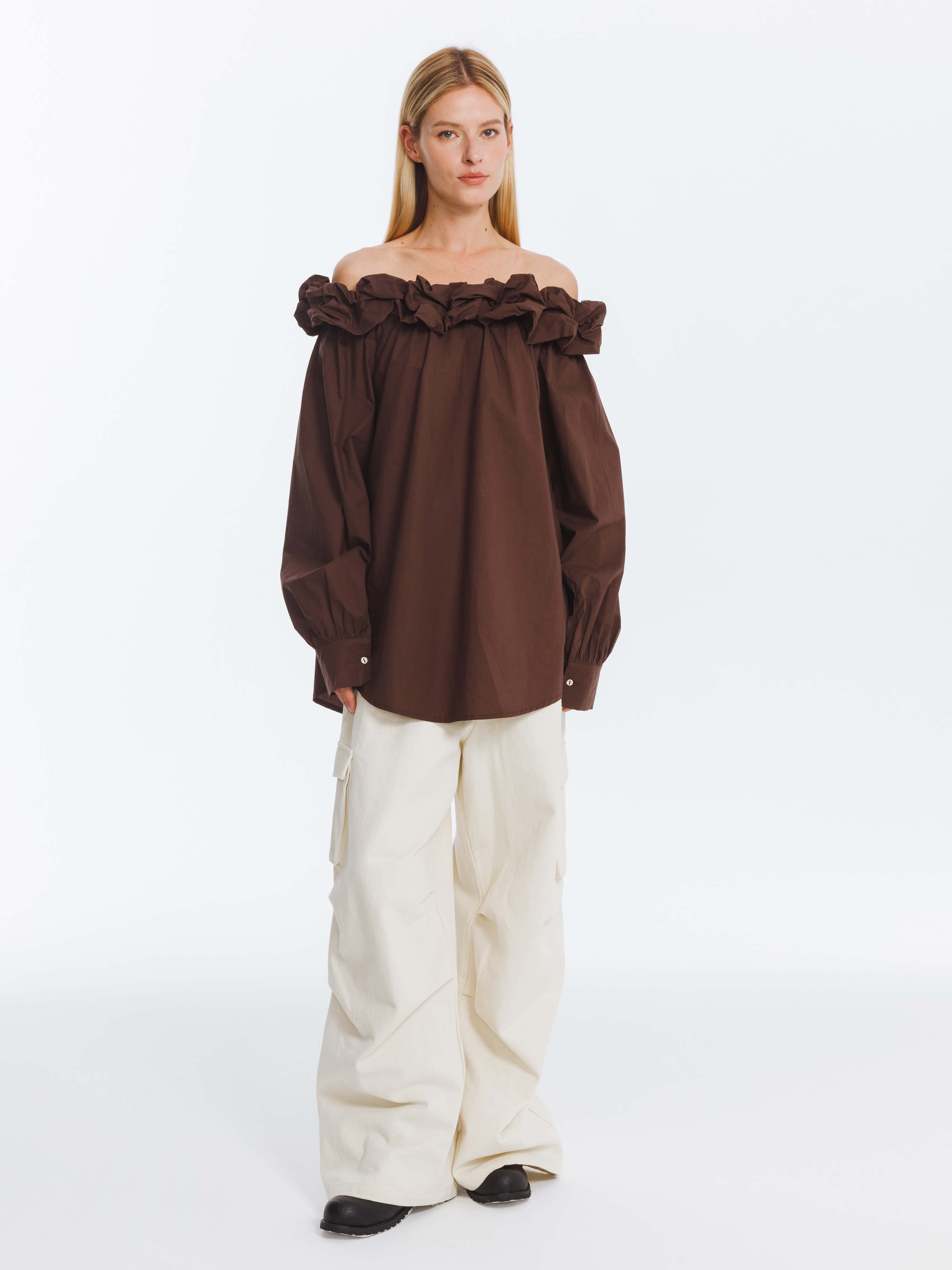 3D Ruffle Collar Long Sleeve Cotton Blouse-8
