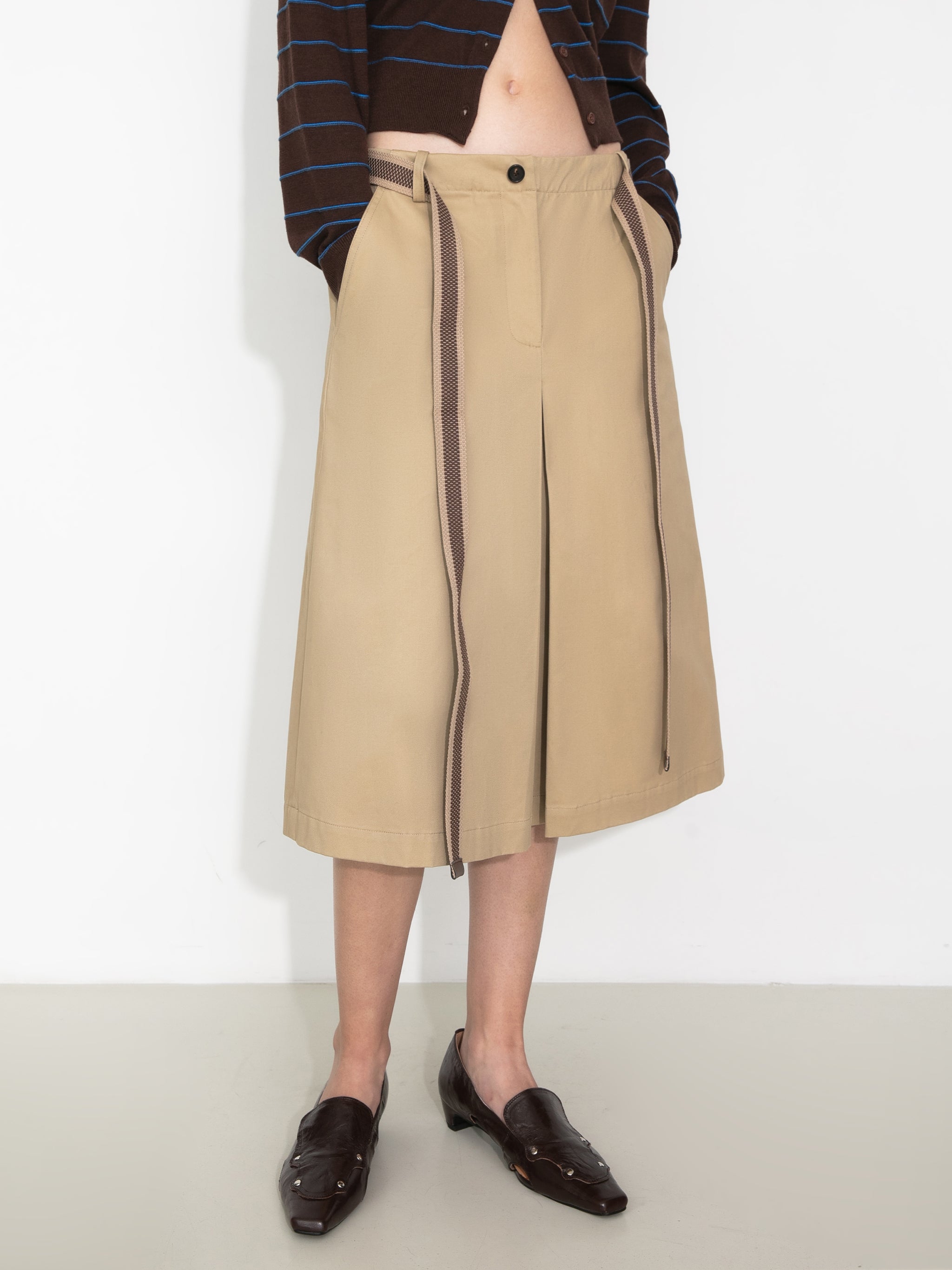 Contrast Woven Belted Midi Skirt-2