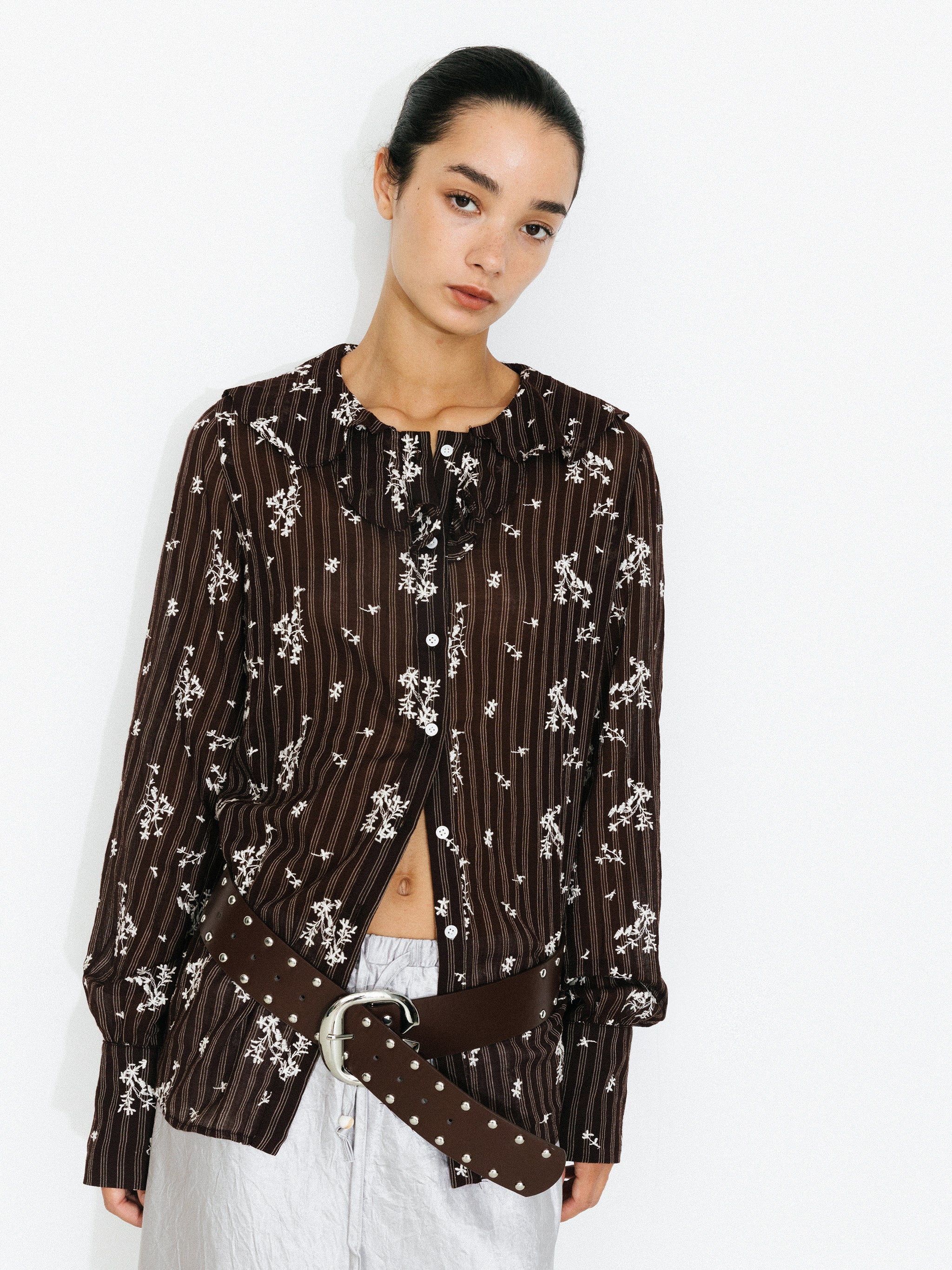 Striped Floral Ruffle Collar Cotton Shirt-2