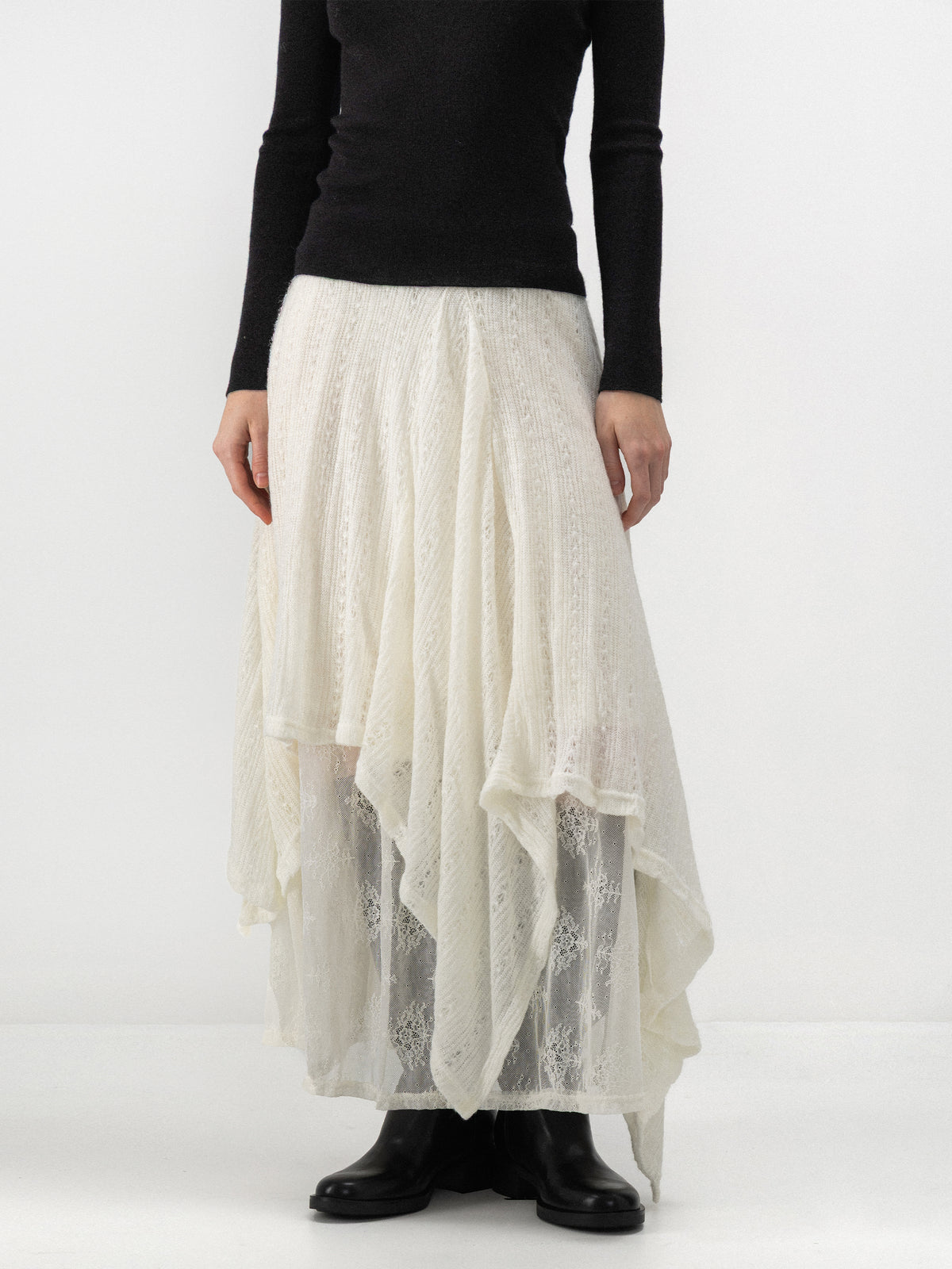 CUBIC Asymmetric Layered Wool Blend Lace Skirt-2