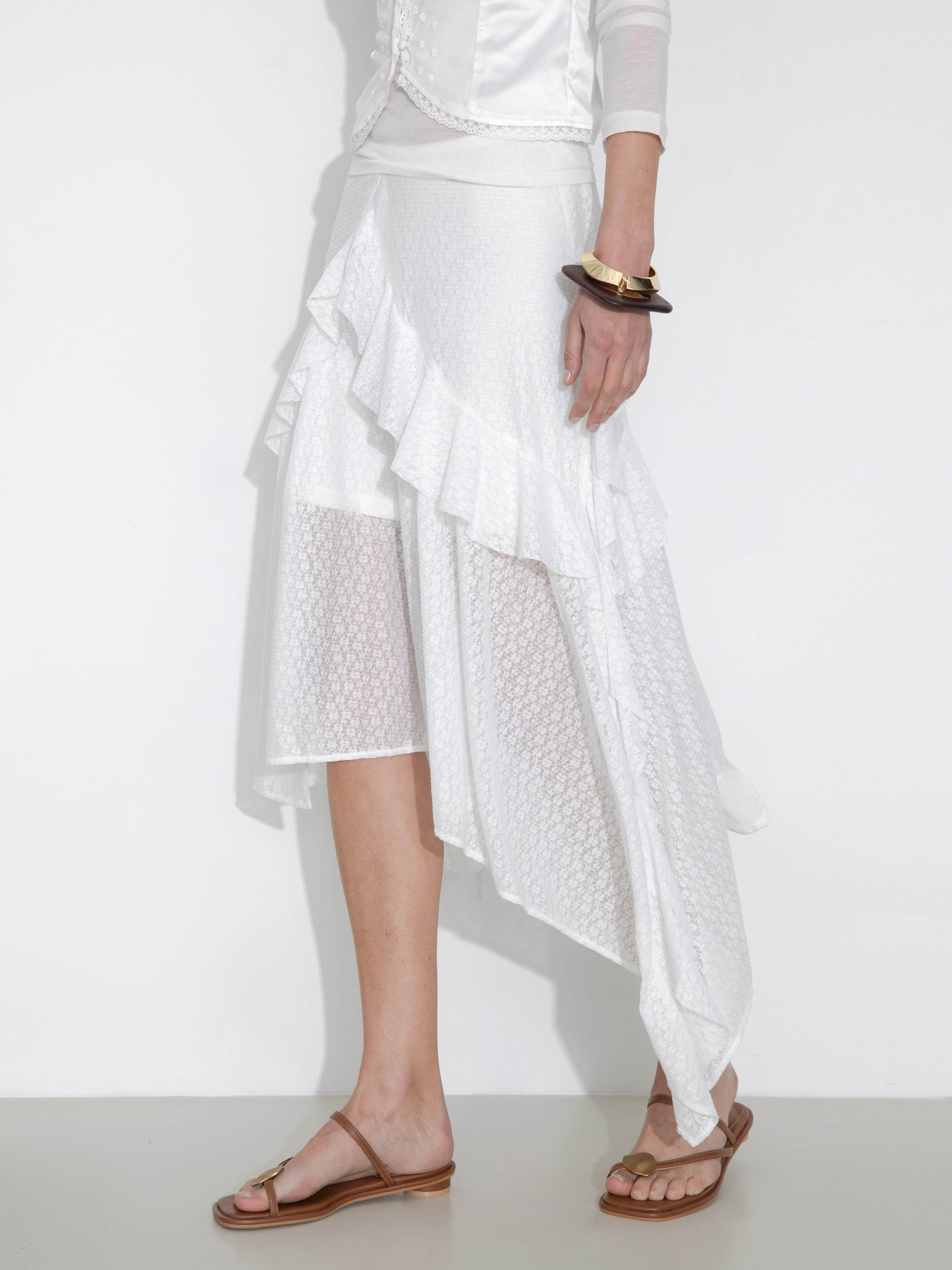Asymmetrical Ruffled Floral Eyelet Skirt-2