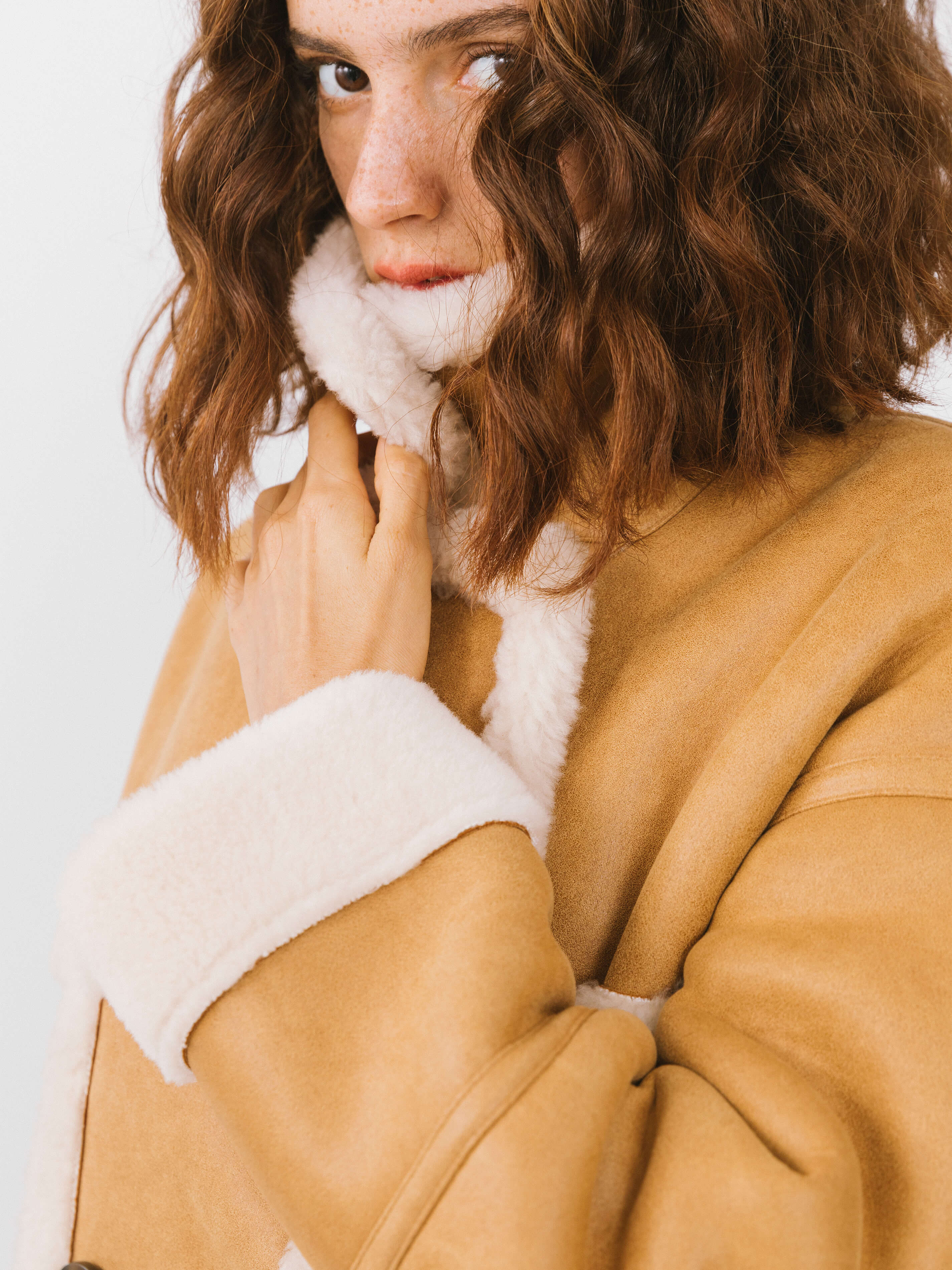 Yellow Faux Leather Sheep Wool Long Coat-5