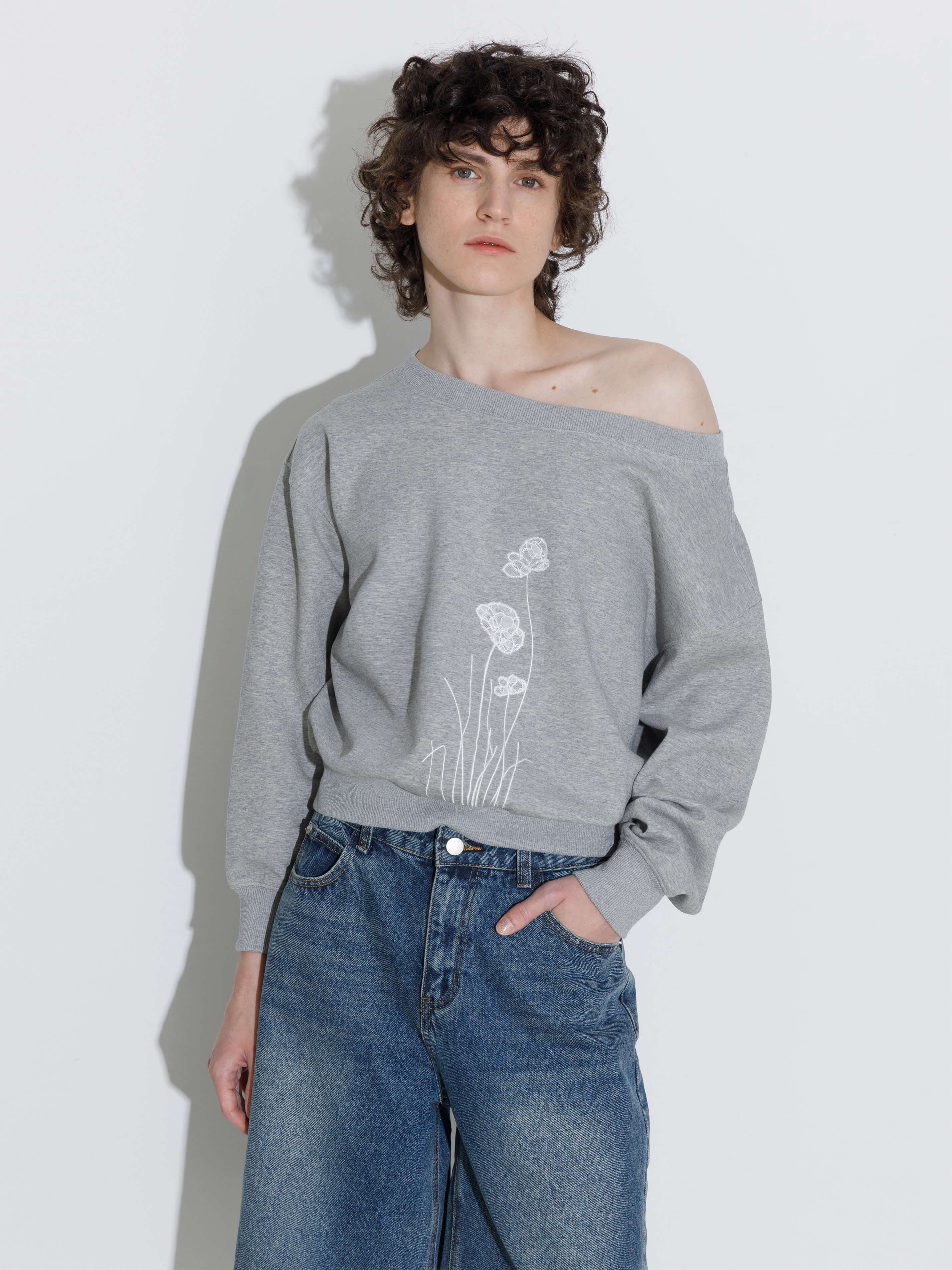 Lace Print Oversized Sweatshirt with Wide Neckline-11