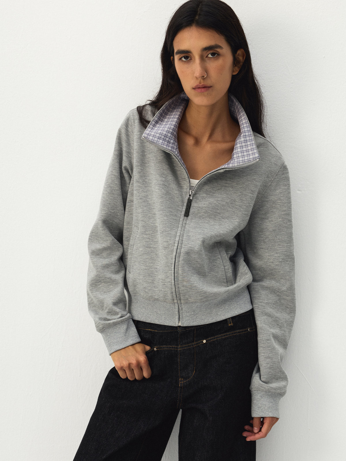 CUBIC Checked Collar Zip-Up Jacket-2