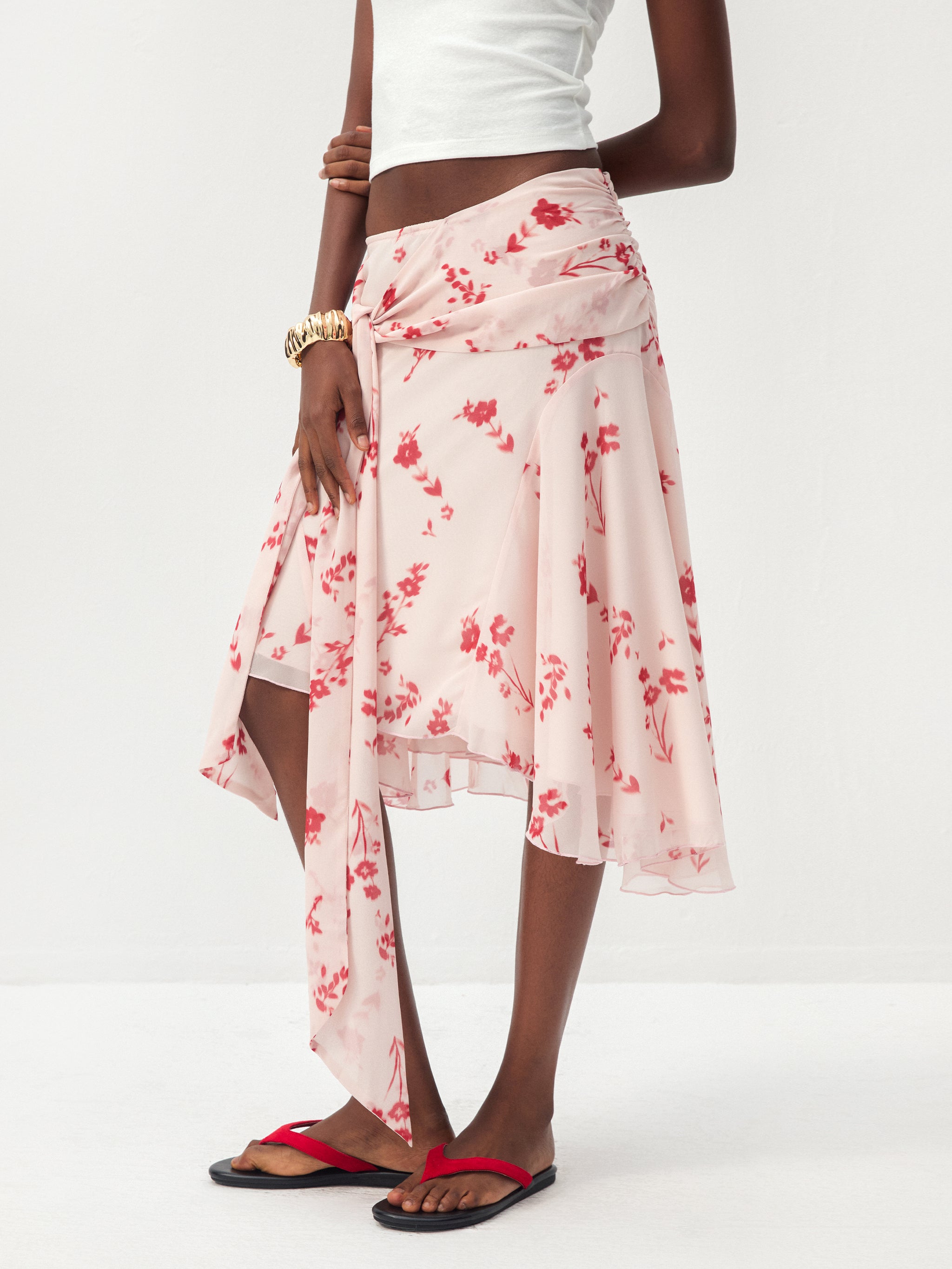 CUBIC Floral Print Asymmetrical Chiffon Midi Skirt-2
