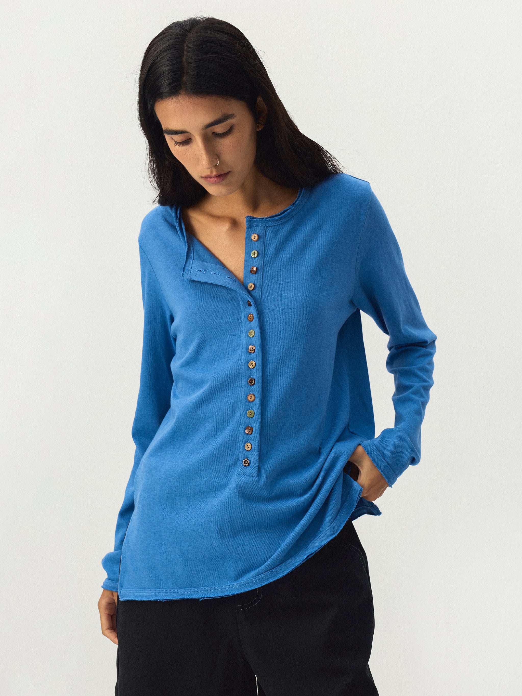 CUBIC Button Front Henley Long Sleeve Top-3