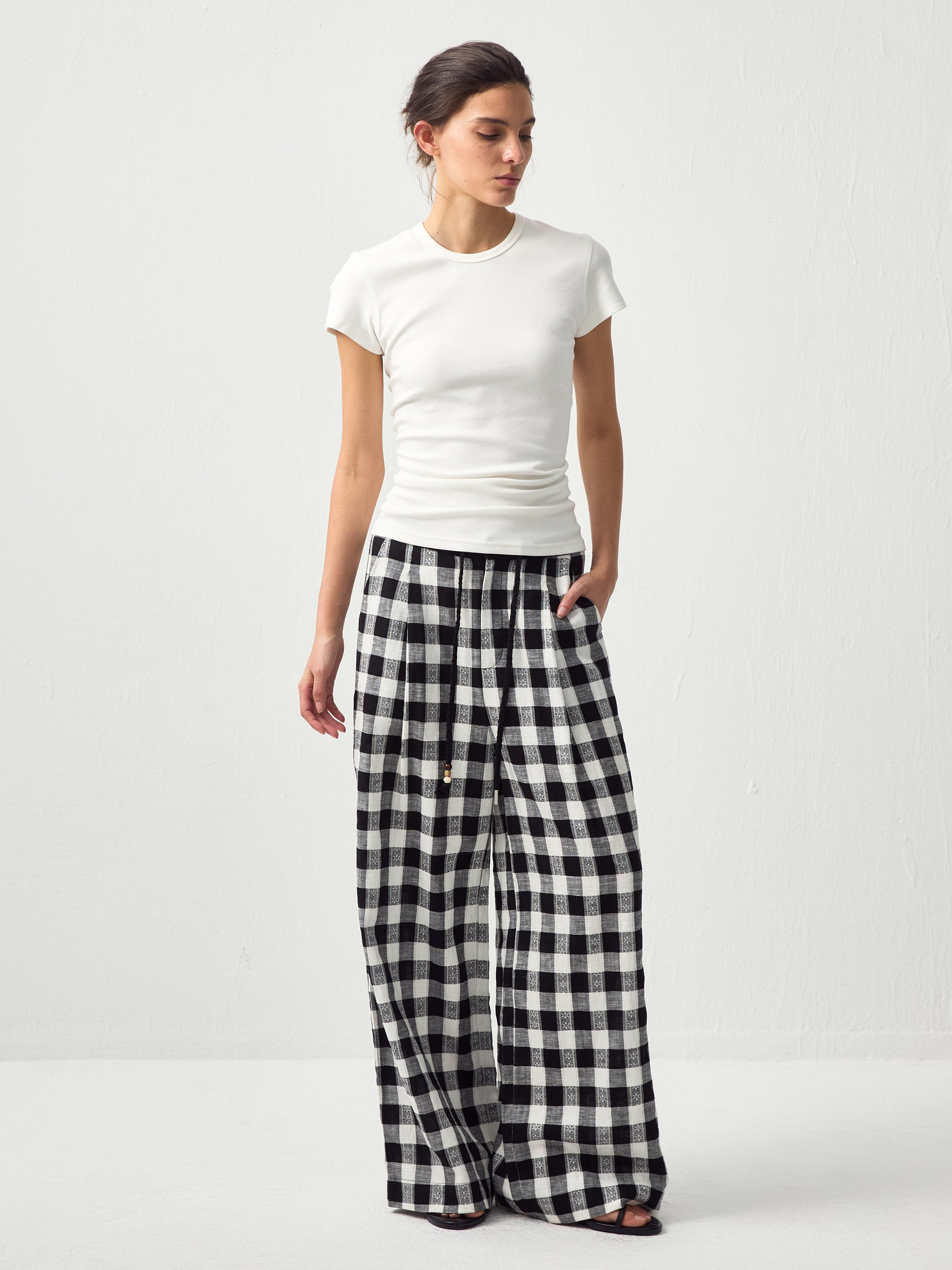 CUBIC Drapey Check Wide-Leg Trousers-3