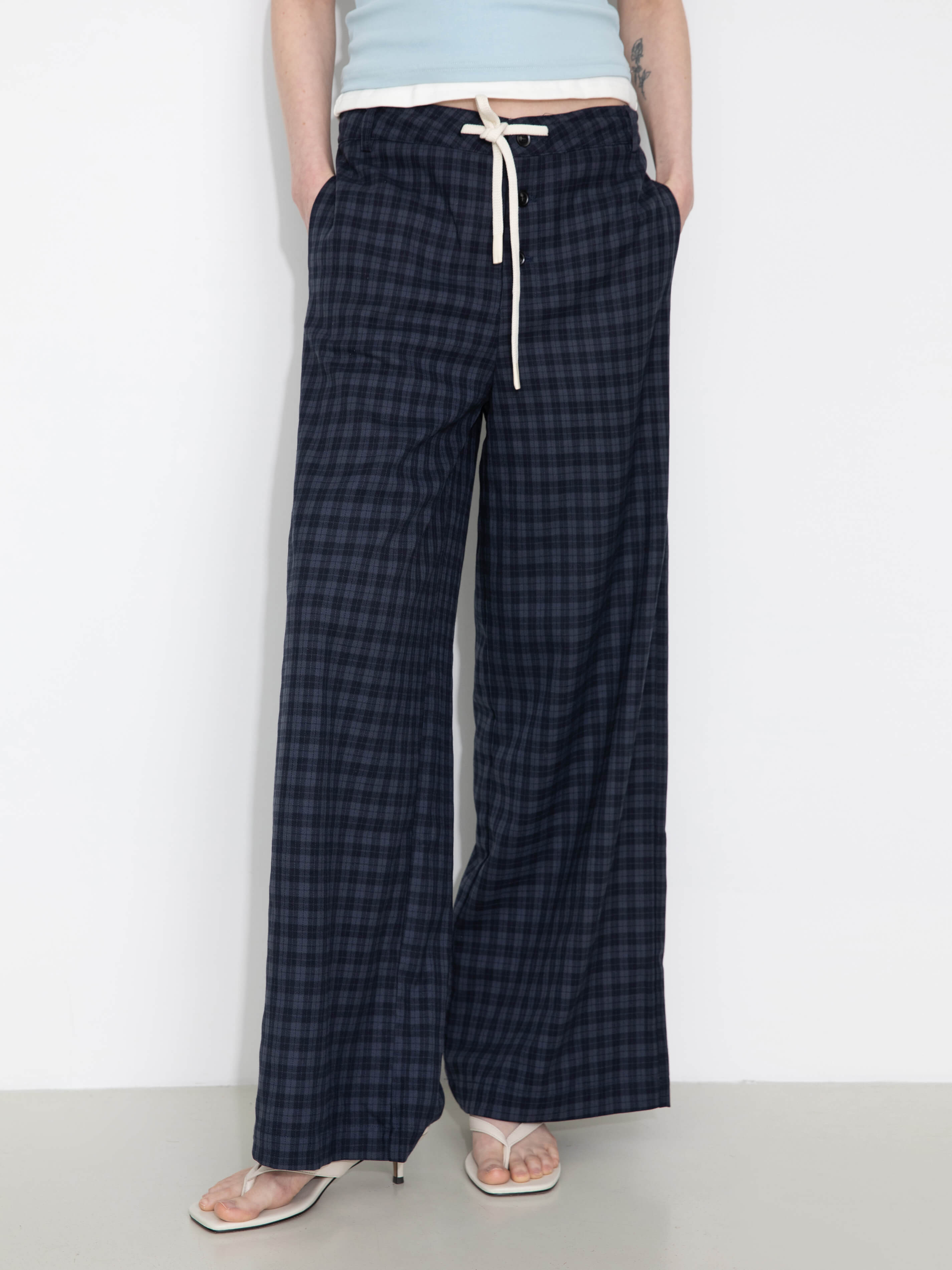 Drawstring Checkered Wide-Leg Casual Pants-2