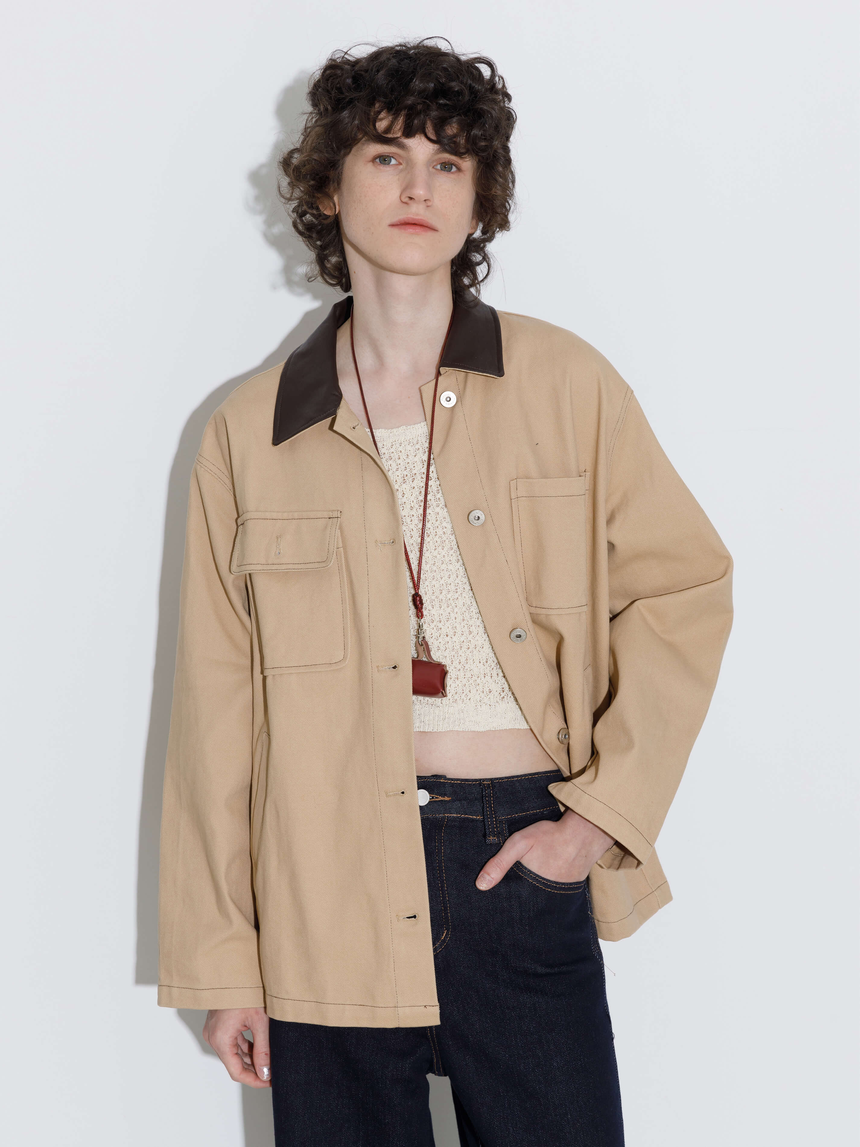 Cotton Loose Lapel Jacket with Asymmetric Pockets-2