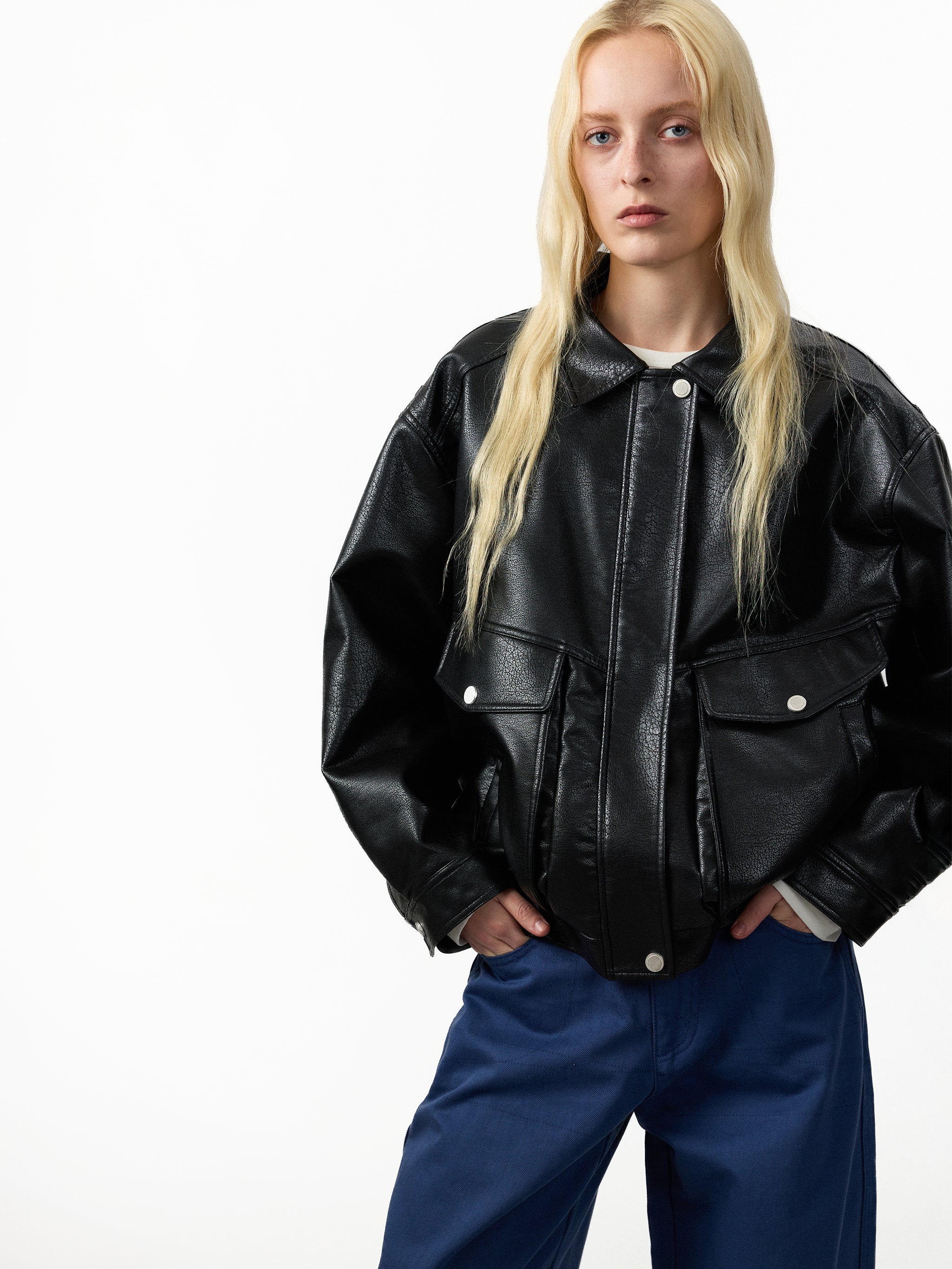CUBIC Faux‑Leather Oversized Bomber Jacket-2