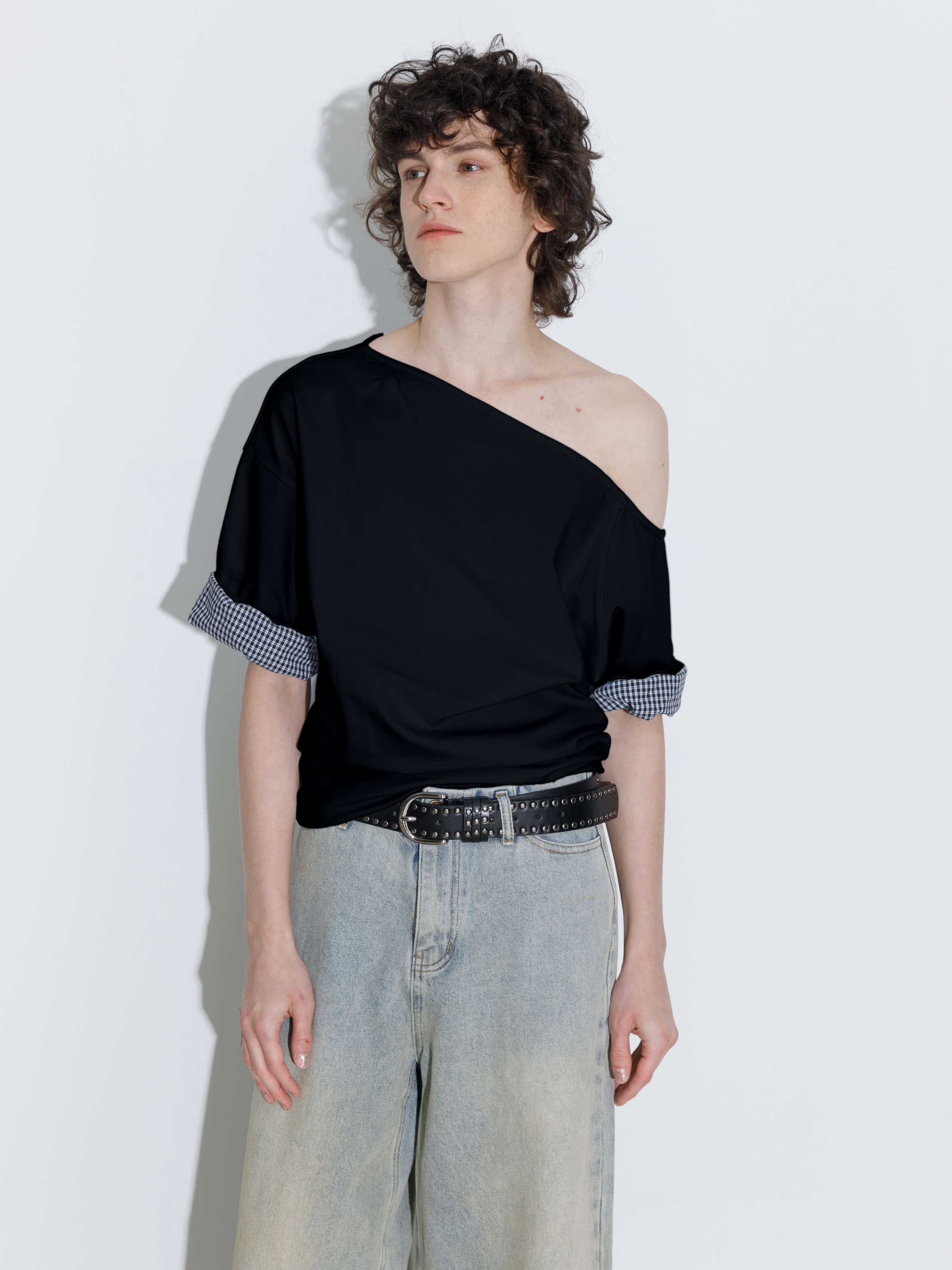 One-Shoulder Color-Block Short Sleeve Top-2