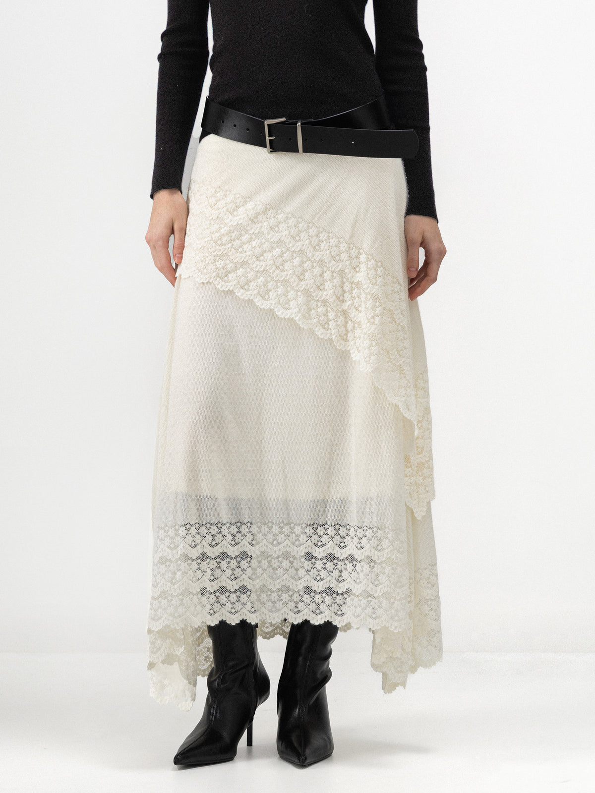 CUBIC Asymmetric Lace Knit Midi Skirt-2