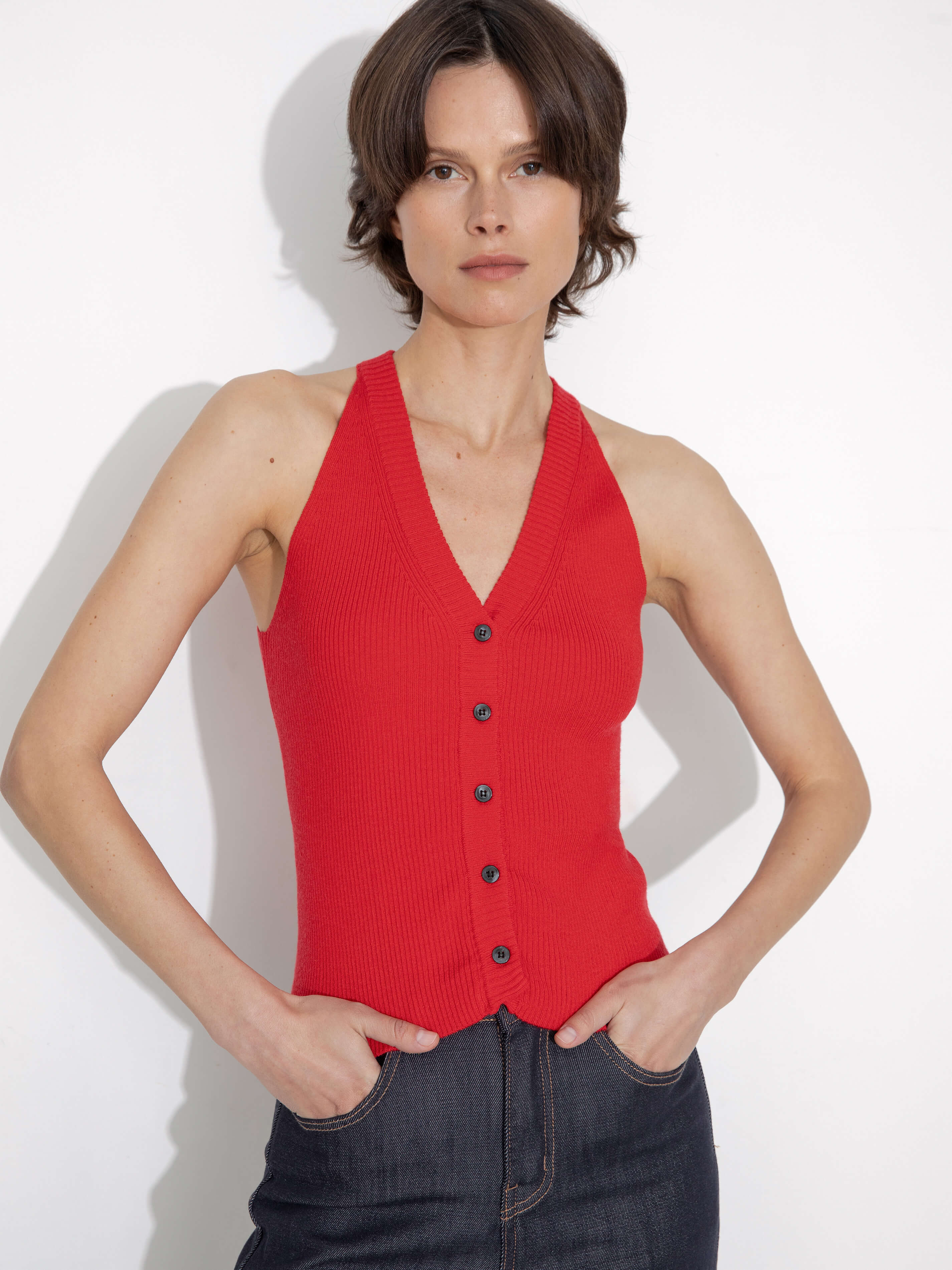 Halter Neck Off-Shoulder Cardigan Vest-4