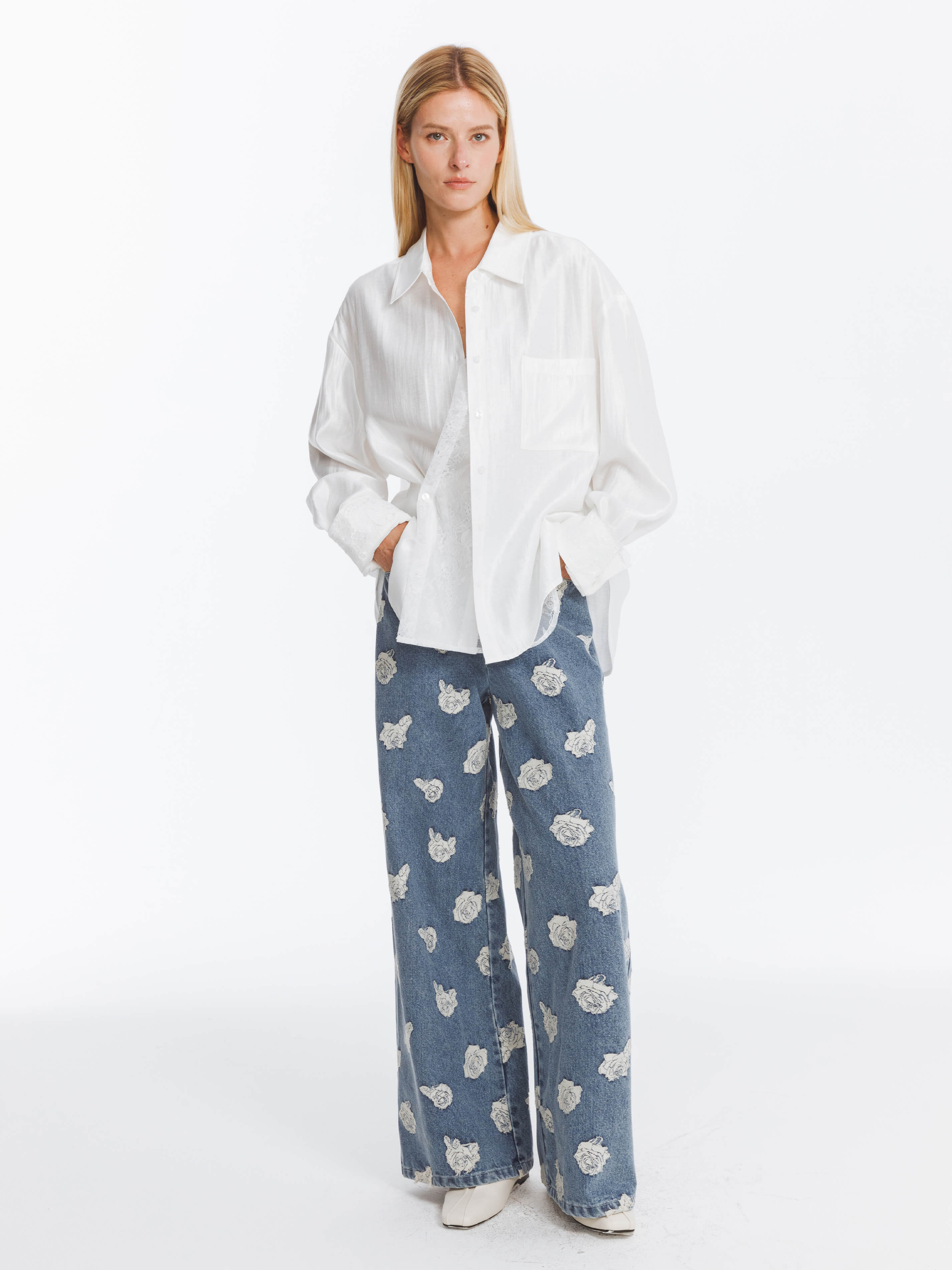 Retro Rose Print Washed Straight Leg Jeans