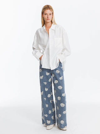 Retro Rose Print Washed Straight Leg Jeans