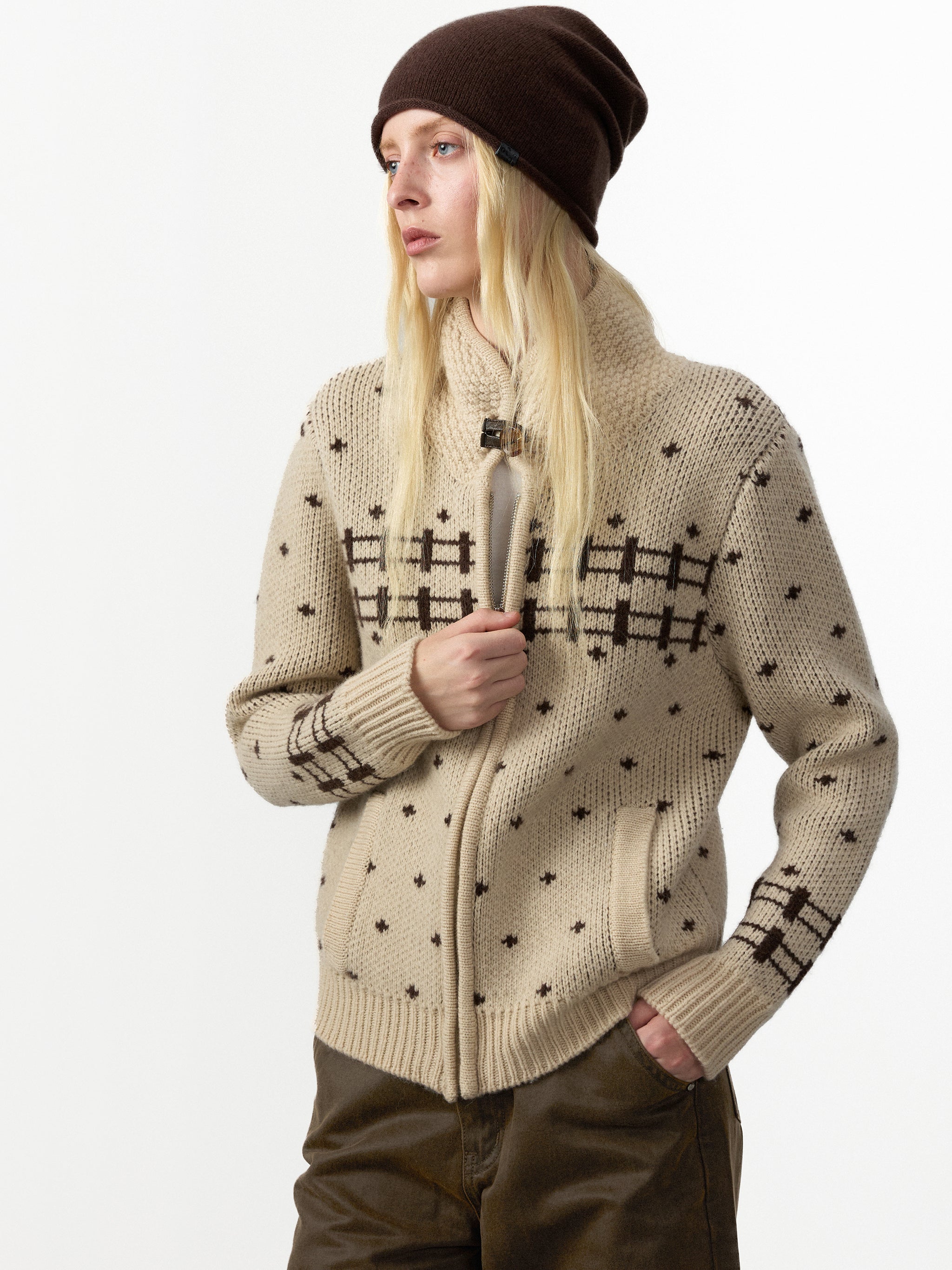 CUBIC 100% Wool Fair Isle Zip Knit Sweater-2