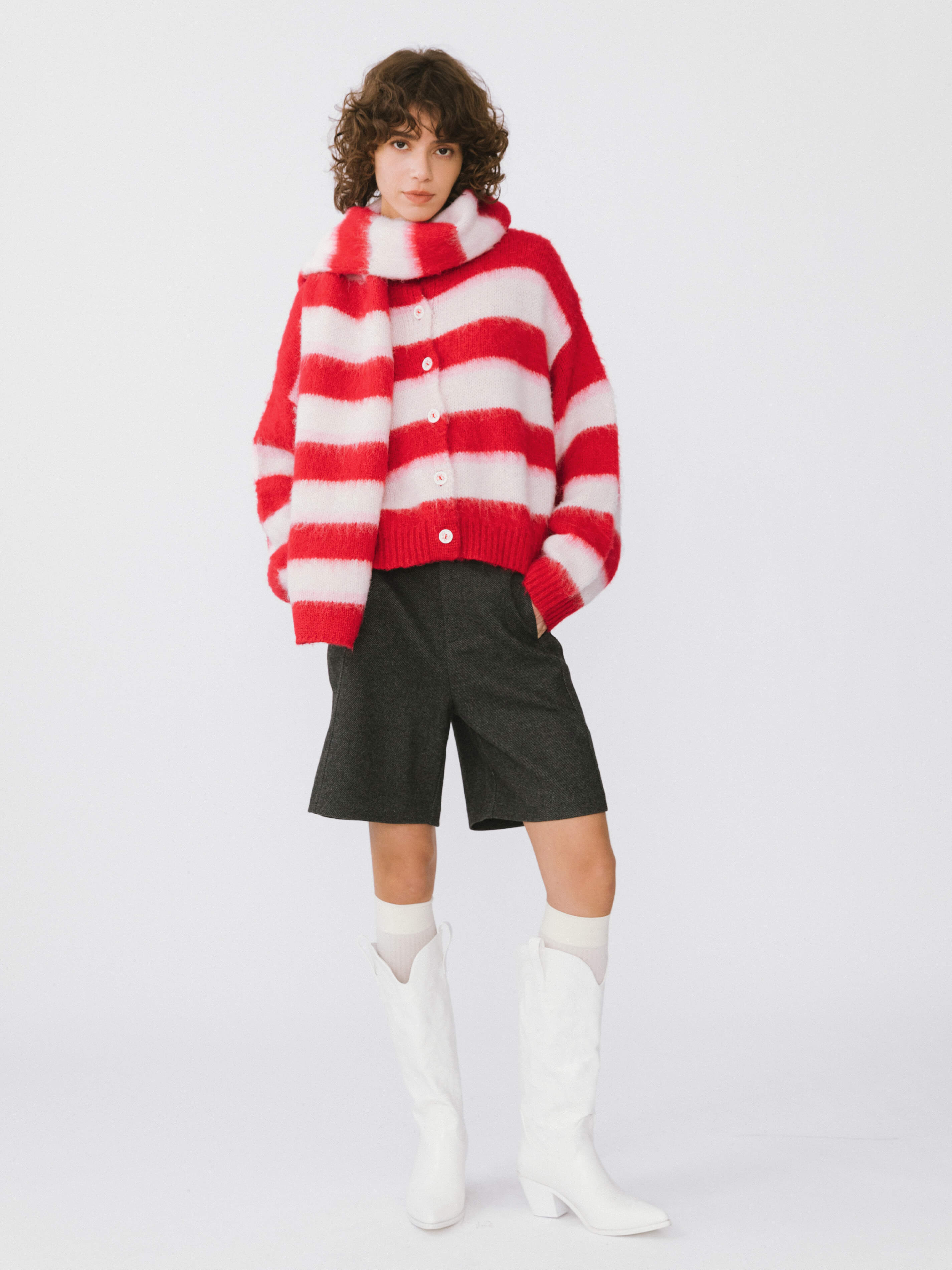 Striped Color Block Wool Knit Cardigan With Scarf-3