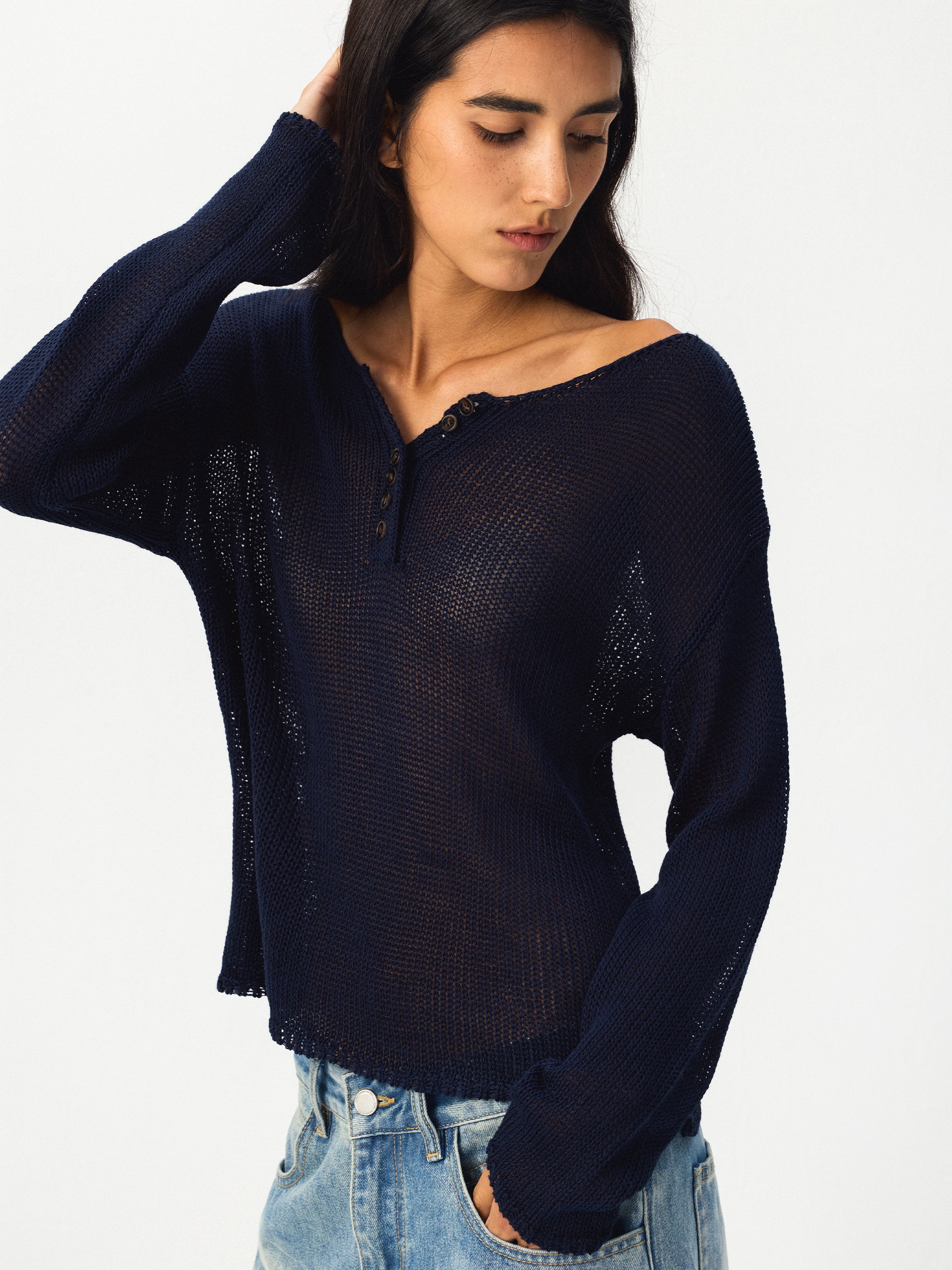 CUBIC Button Detail Open-Knit Top-2