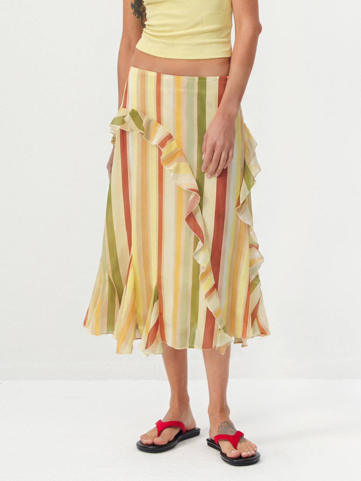 Colorful Striped Ruffled Asymmetrical Hem Skirt-2