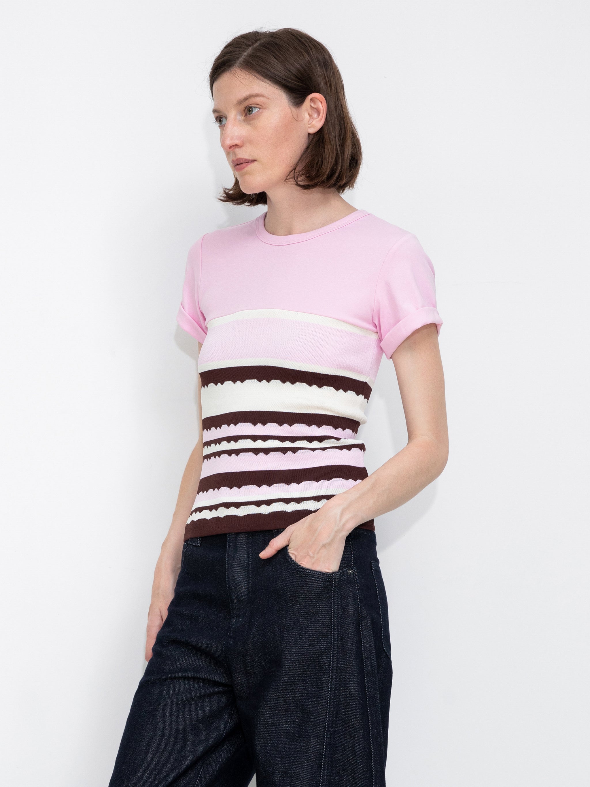 Round Neck Striped Color Block Knitted T-shirt-2