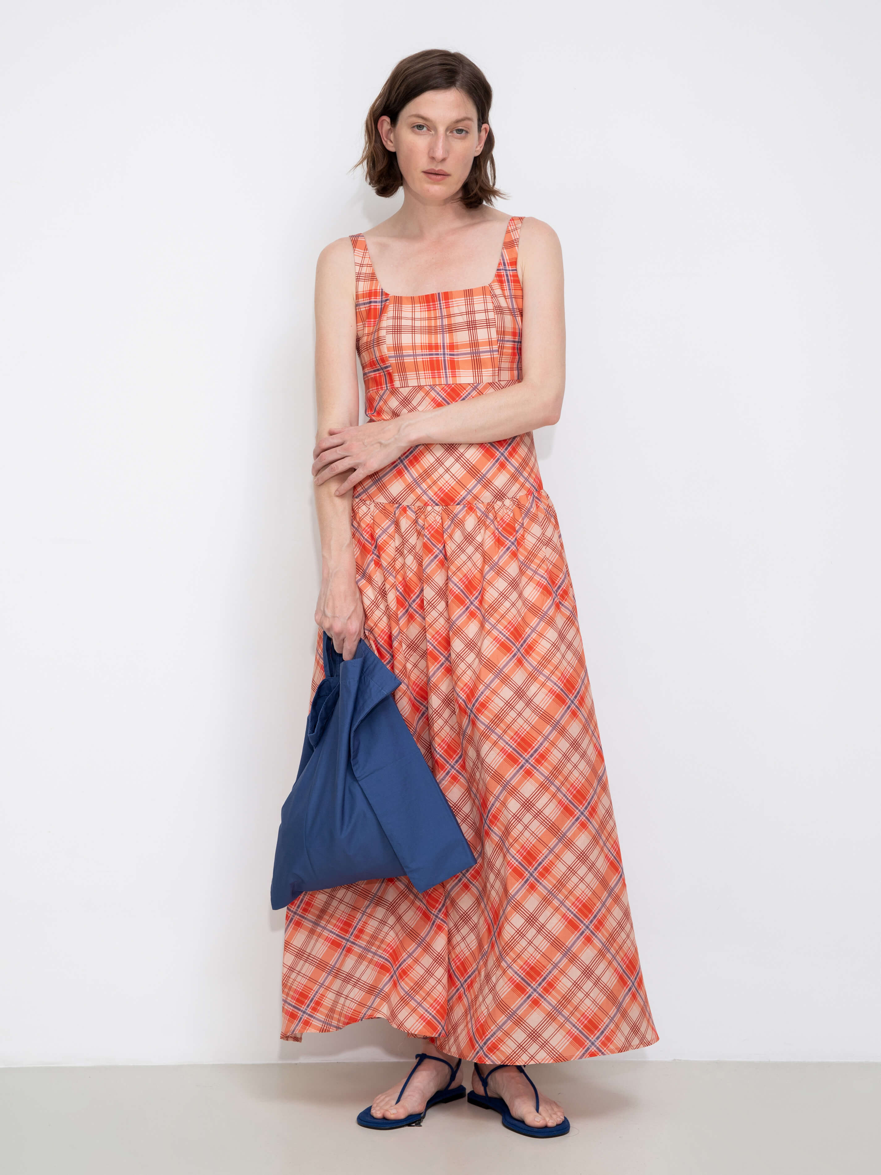 Red Check Print Square Neck Dress-2