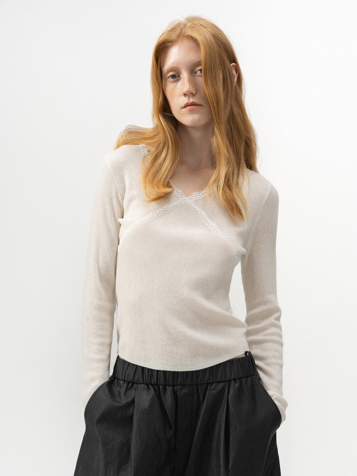 CUBIC Lace-Trim Ribbed Fitted Top-2