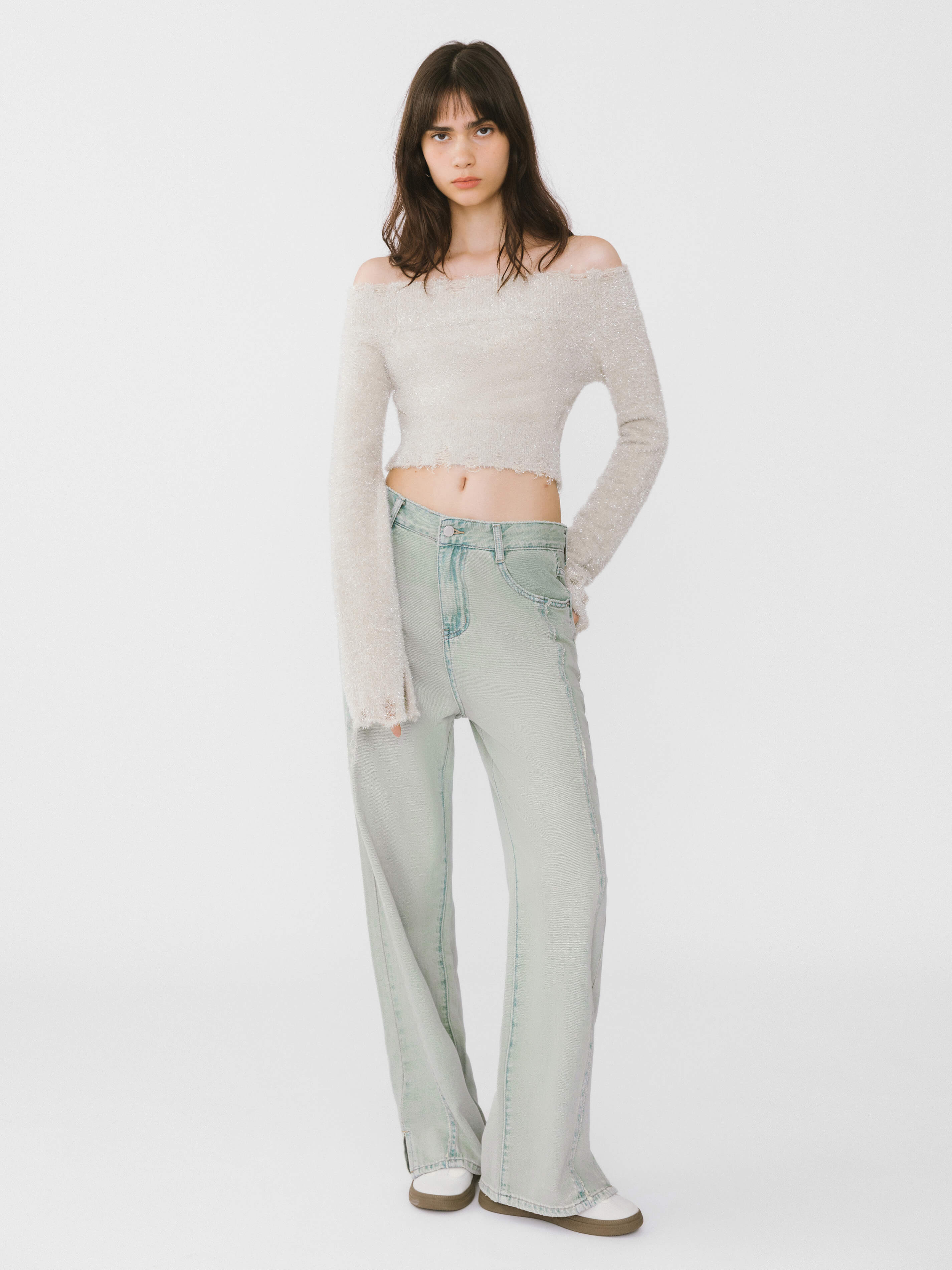 Off-Shoulder Long Sleeve Knit Crop Top-13