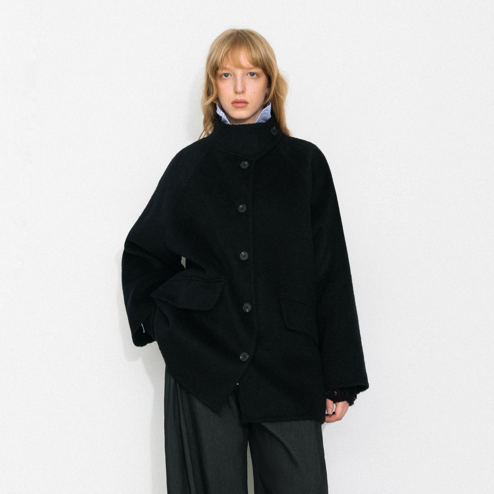 Wool Blend Stand-Collar Mid-Length Coat-3