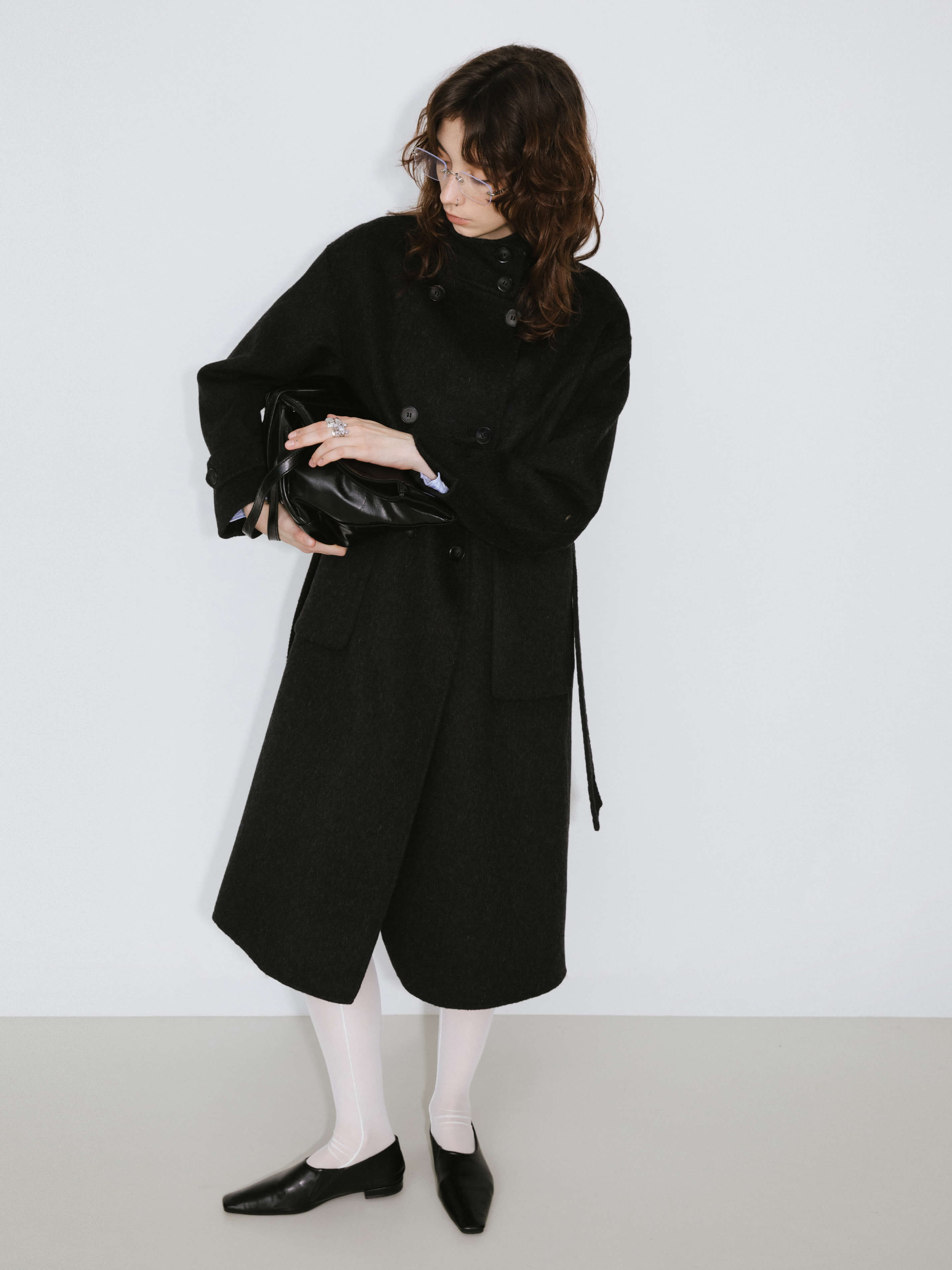 High Collar Tailored Wool Long Coat-3