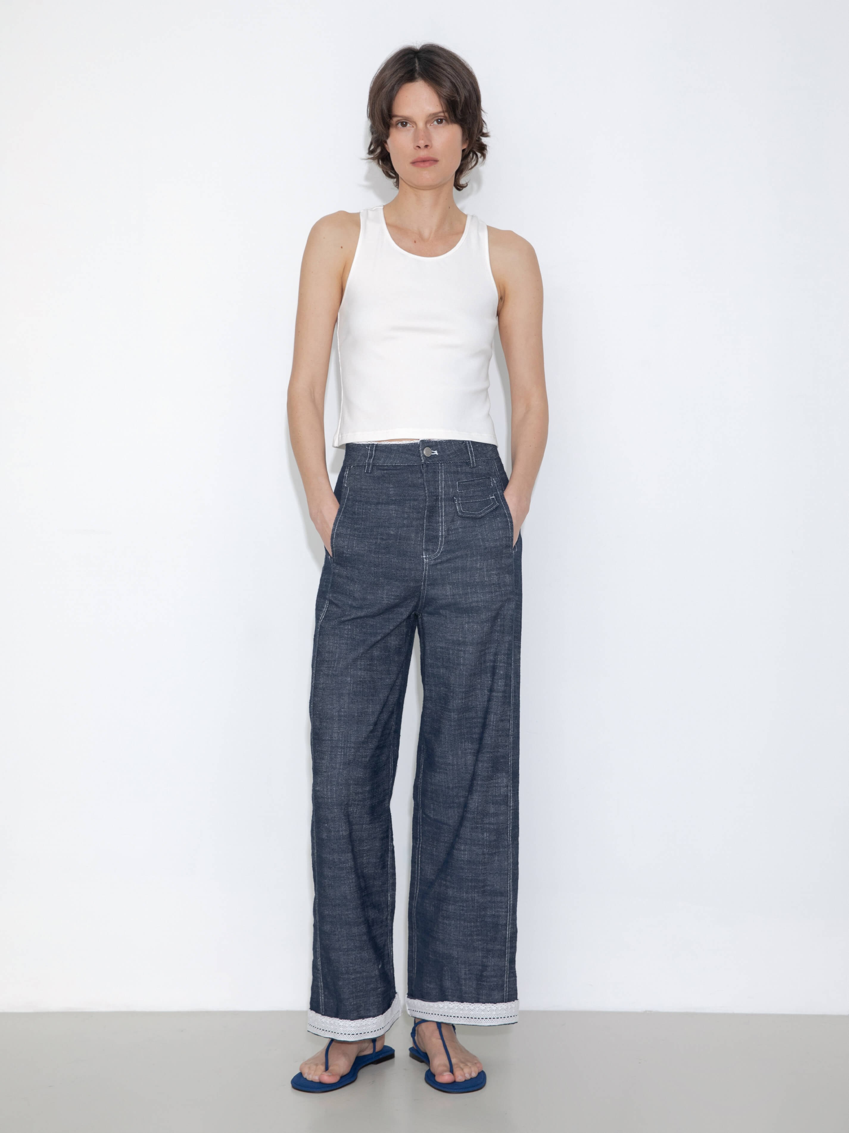 Linen-Cotton Lace Wide-Leg Straight Jeans-2