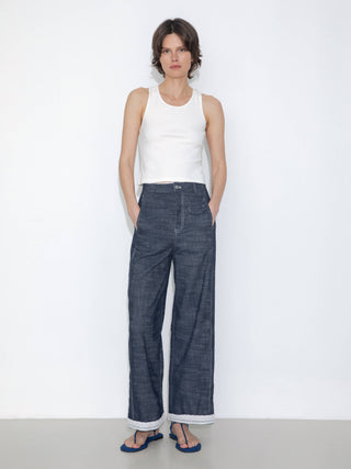 Linen-Cotton Lace Wide-Leg Straight Jeans