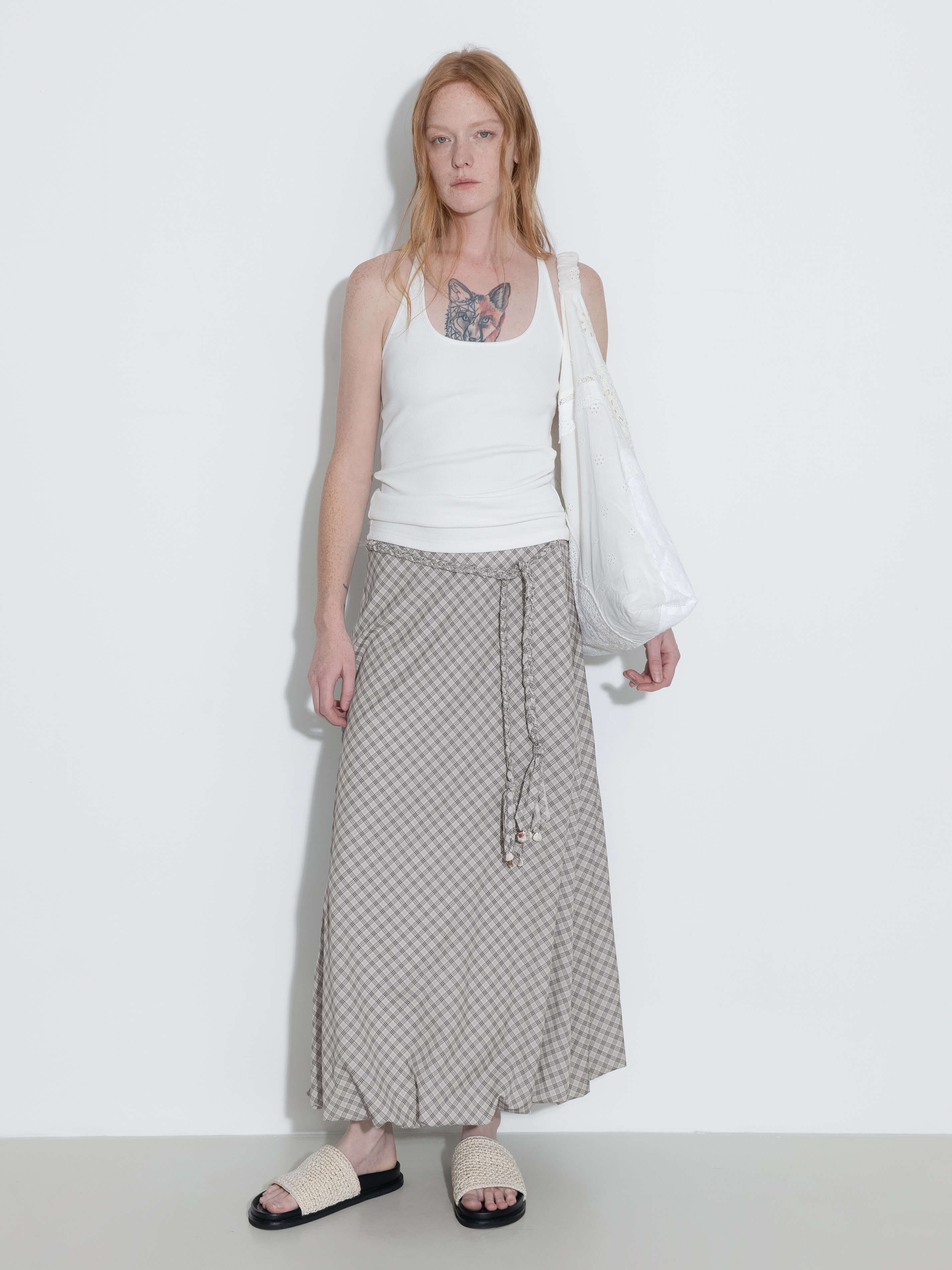 Plaid A-line Maxi Skirt with Belt-3