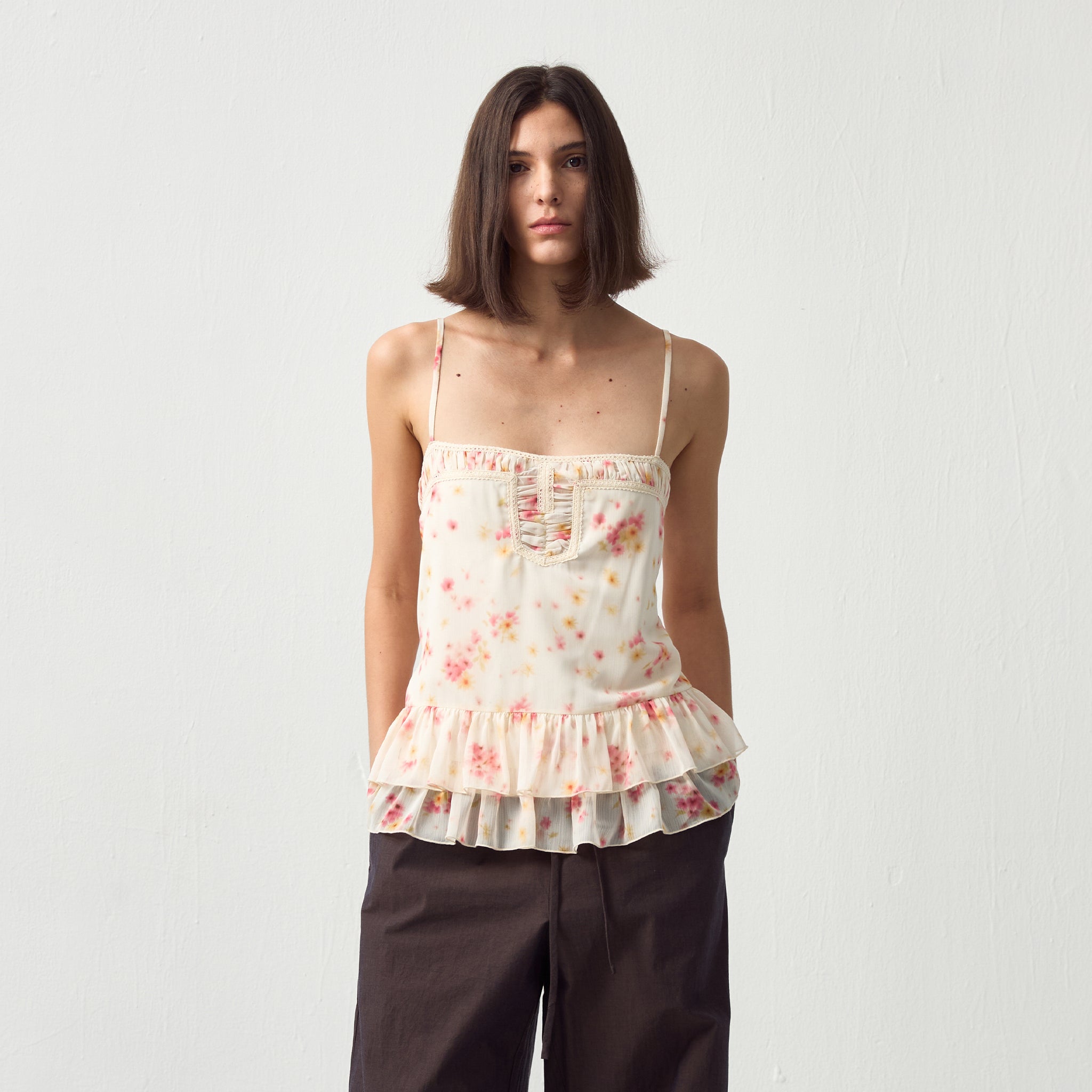 CUBIC Lace V-Neck Ruffle Floral Camisole-3