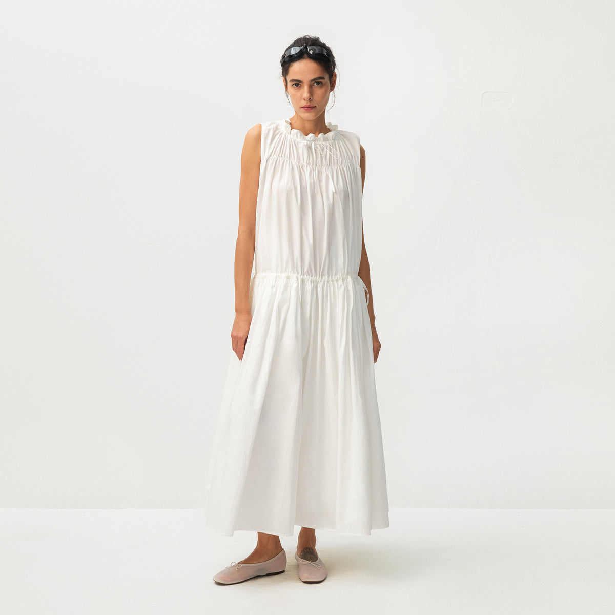 CUBIC 100% Cotton Sleeveless Gathered Maxi Dress-3
