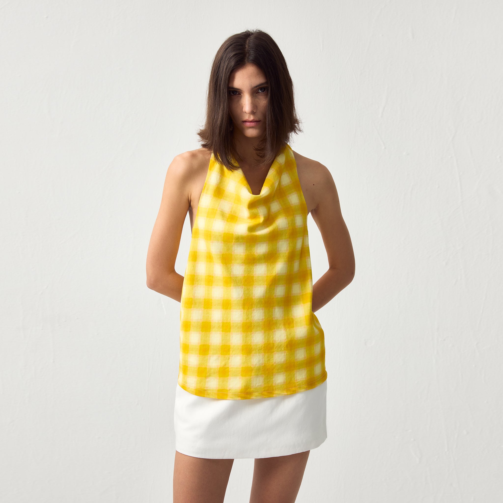 CUBIC Linen Blend Halter Check Top-3
