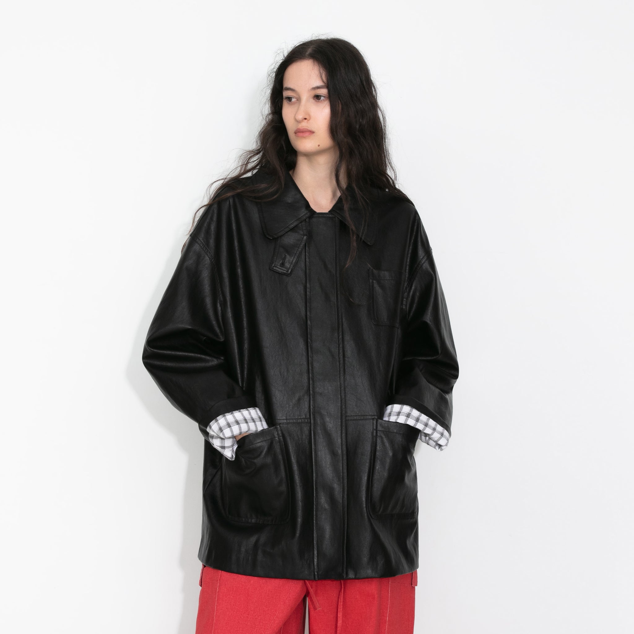 Stand Collar Oversized Leather Jacket-3
