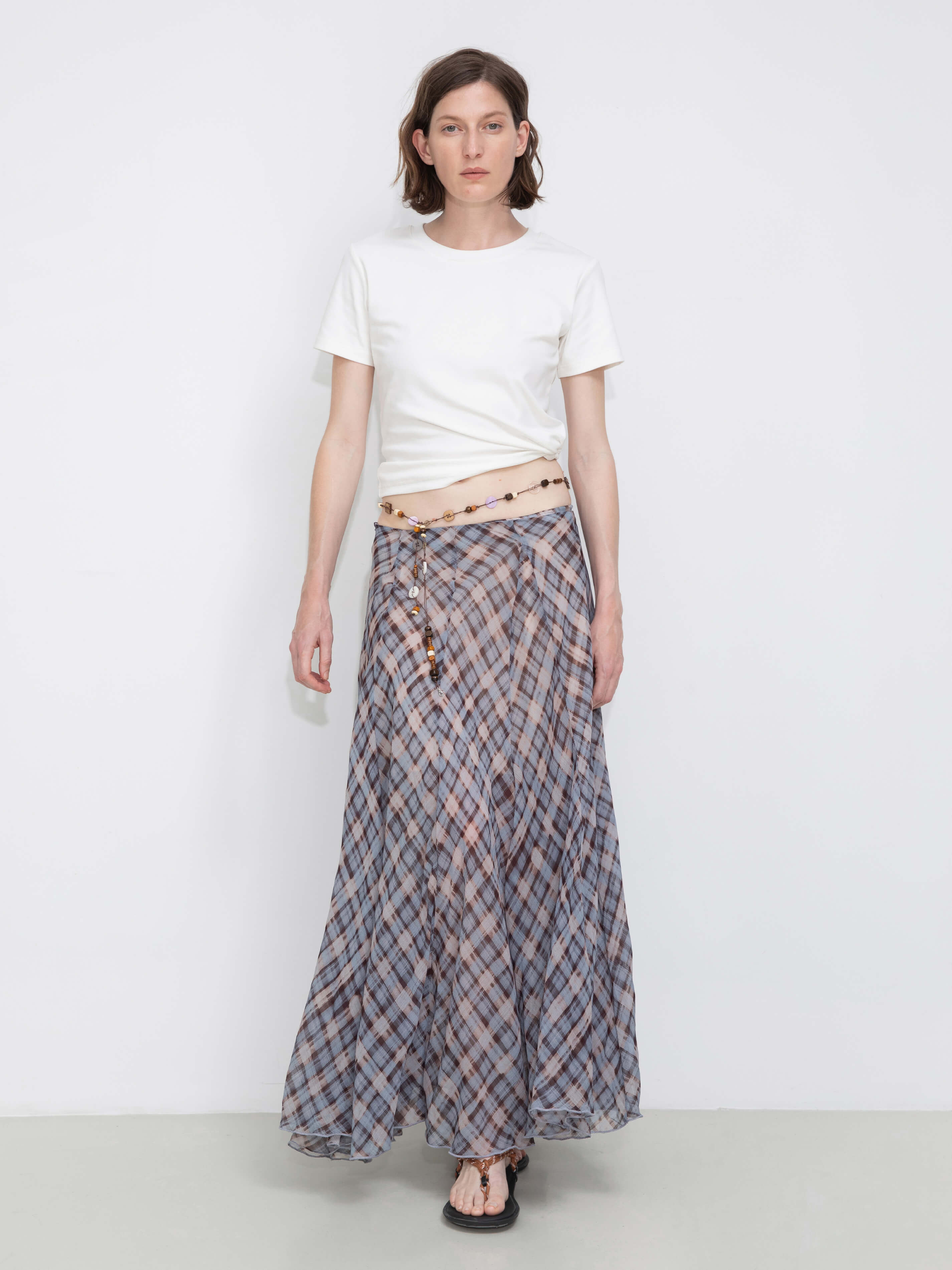 Asymmetrical Flowy Check Maxi Skirt-Blue-2