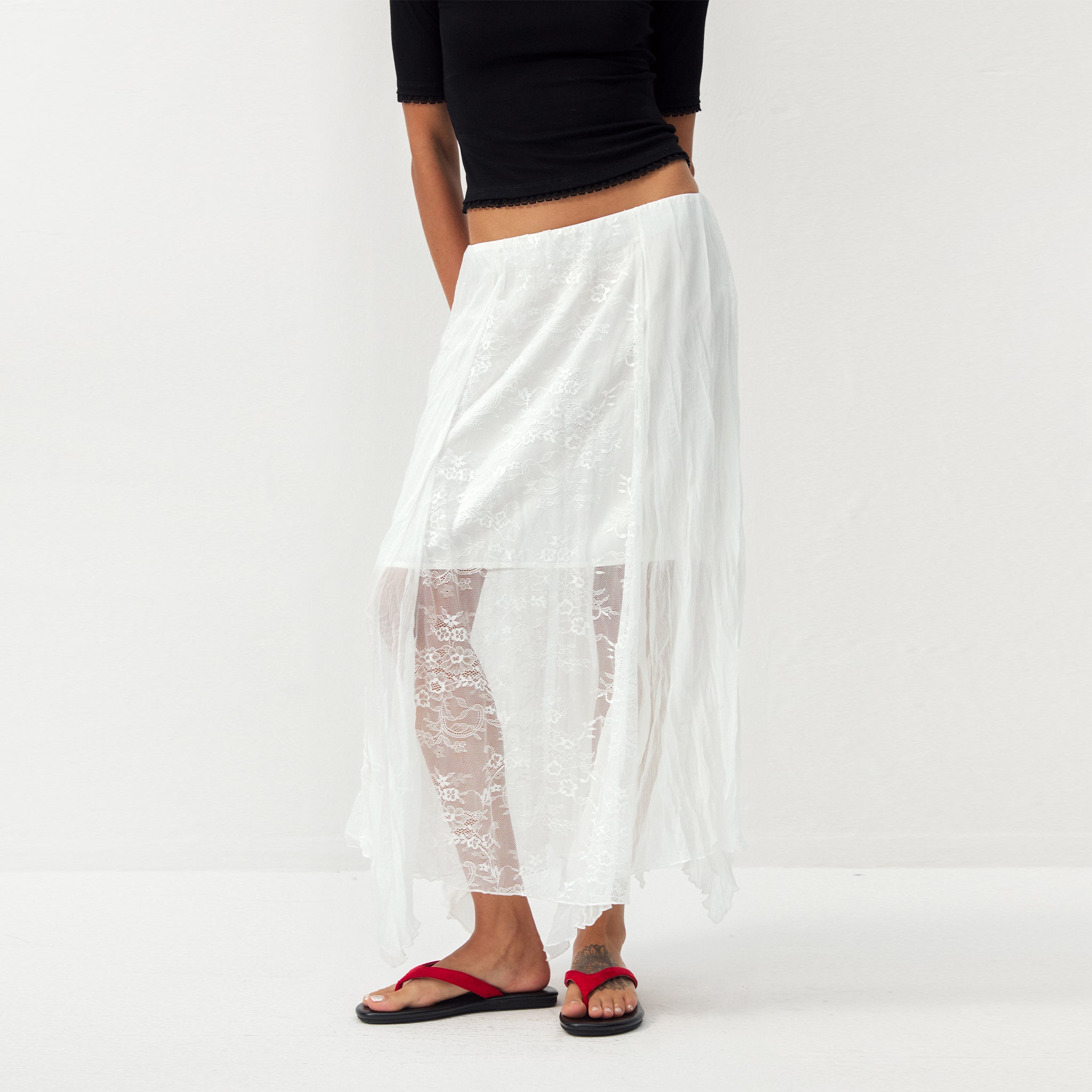 CUBIC Lace-Overlay Asymmetrical Sheer Midi Skirt-3