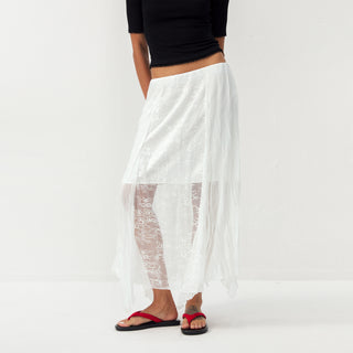 CUBIC Lace-Overlay Asymmetrical Sheer Midi Skirt