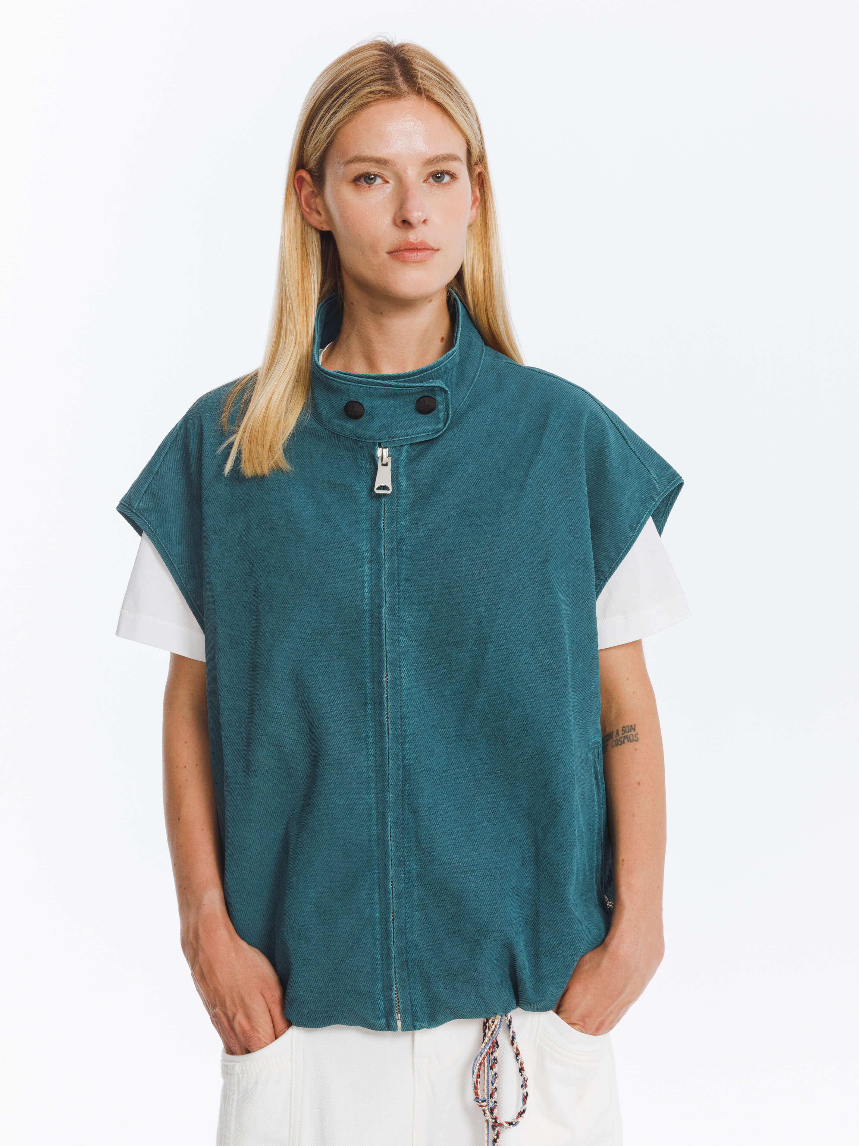 Loose Dropped Shoulder Waistcoat with Stand-up Collar-3
